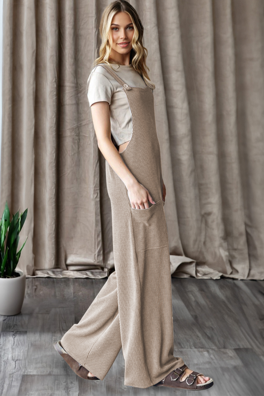Dark Grey Ribbed Knit Patched Pocket Wide Leg Overalls