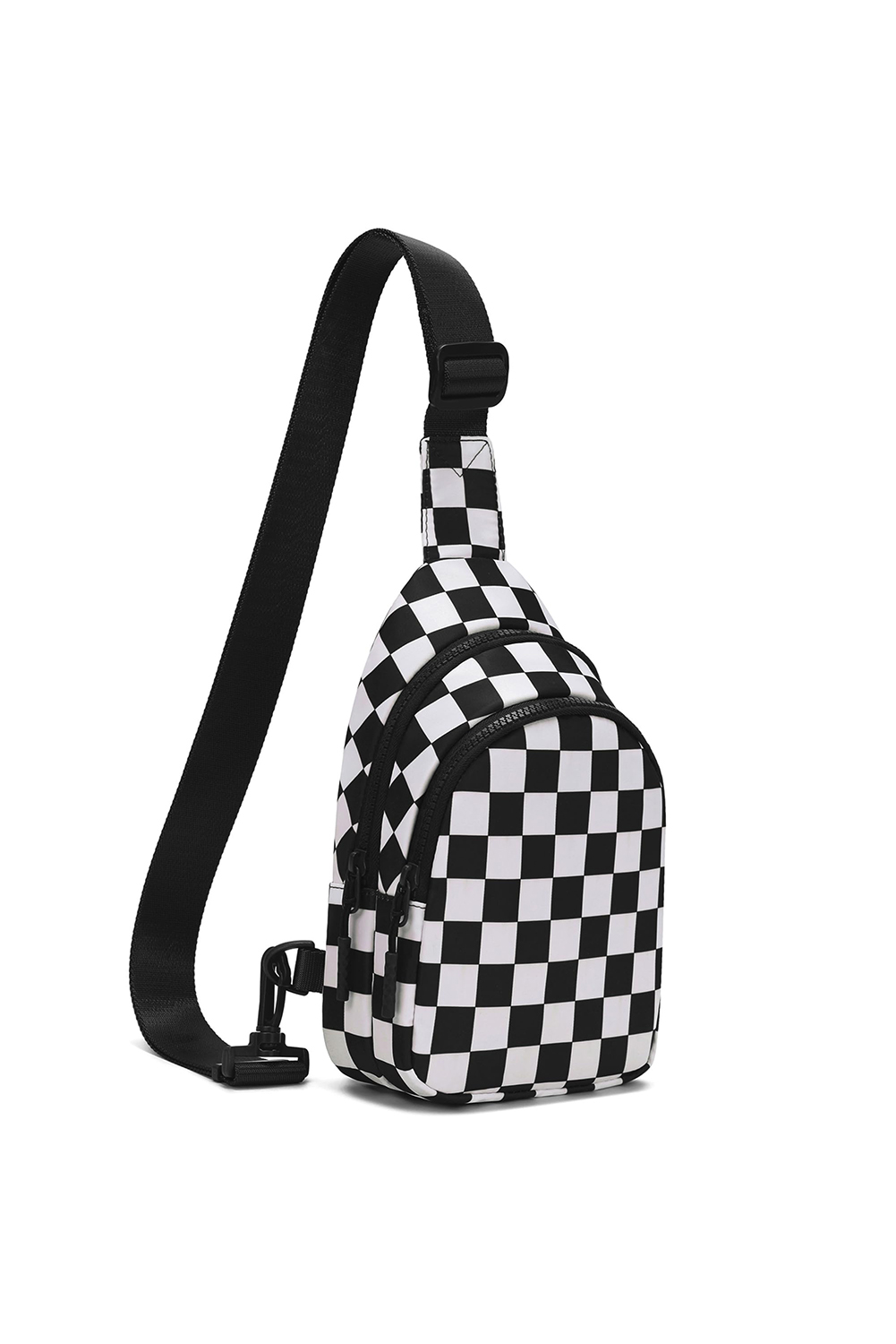 Black Checkered Print Zip Front Sling Backpack Crossbody Bag