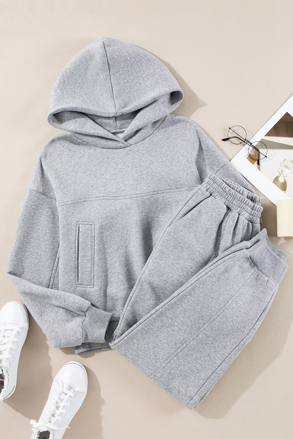 Navy Blue Solid Exposed Seams Hoodie and Joggers Activewear Set