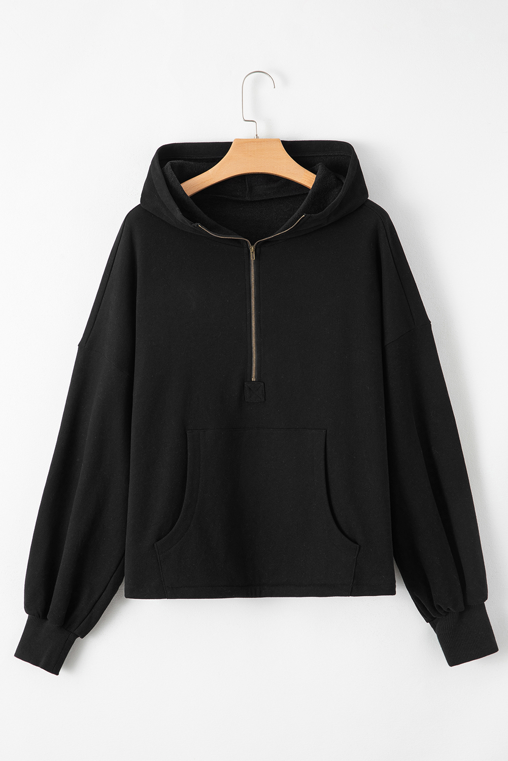 Bonbon Fleece Lined Half Zipper Kangaroo Pockets Loose Hoodie