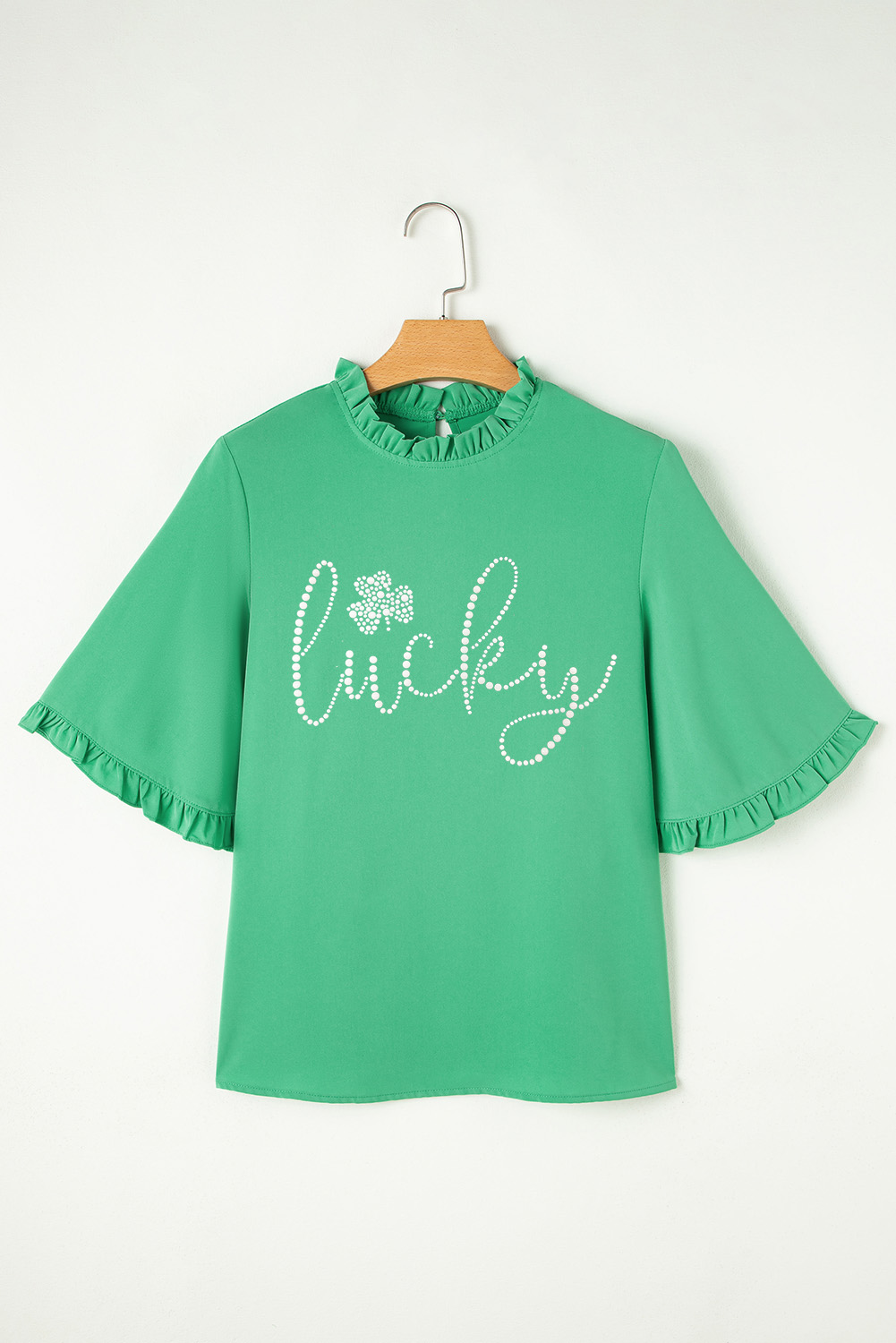 Green Ceramic Rhinstone lucky Clover Graphic Frilled Bell Sleeve Blouse