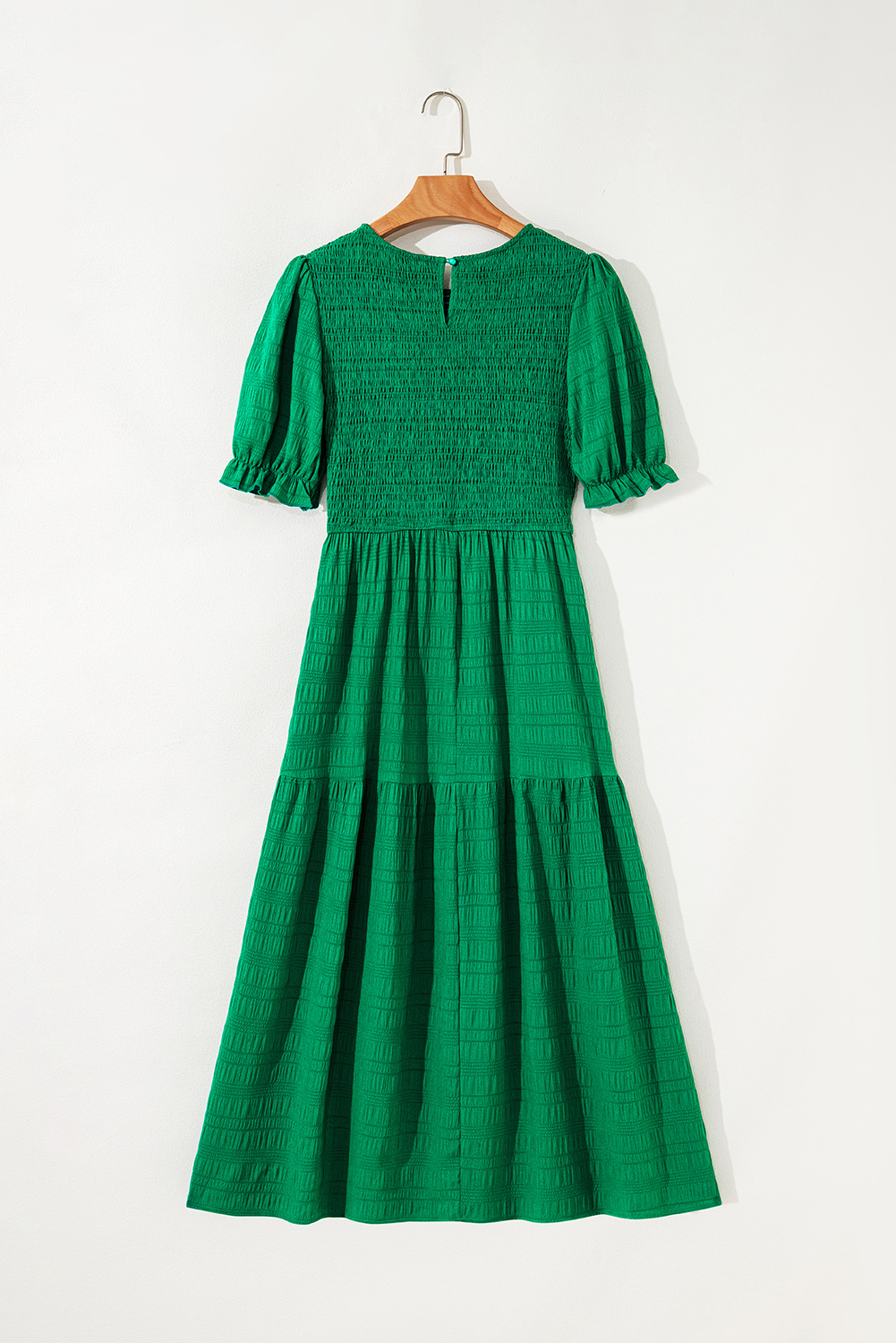 Dark Green Textured Ruffled Sleeve Round Neck Top