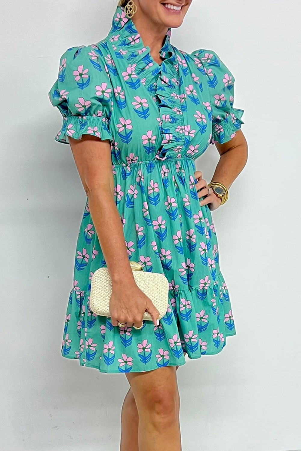 Green Floral Print Frilly Smocked Detail High Waist Mini Dress