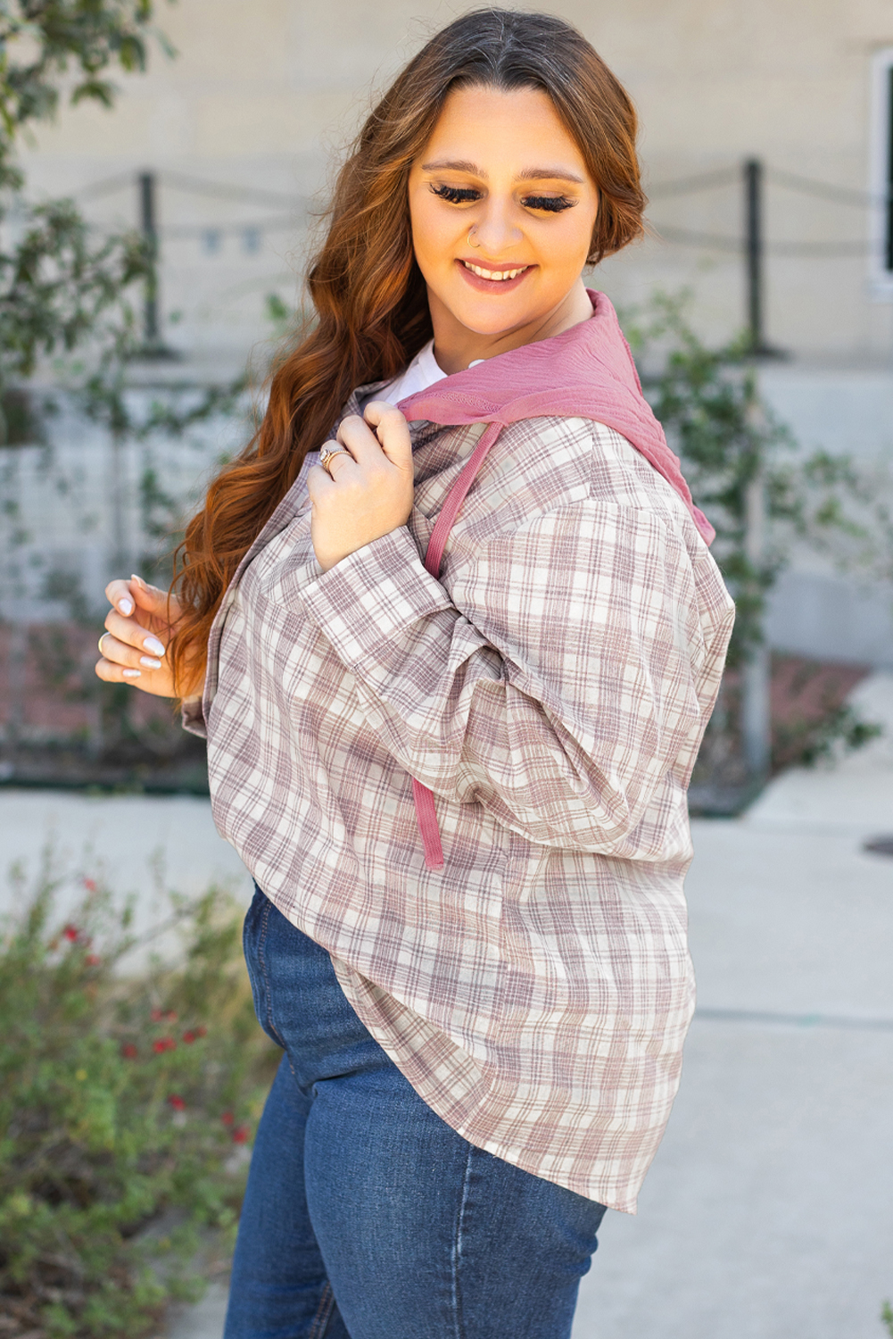 Khaki Checkered Print Loose Fit Buttoned Hooded Shacket