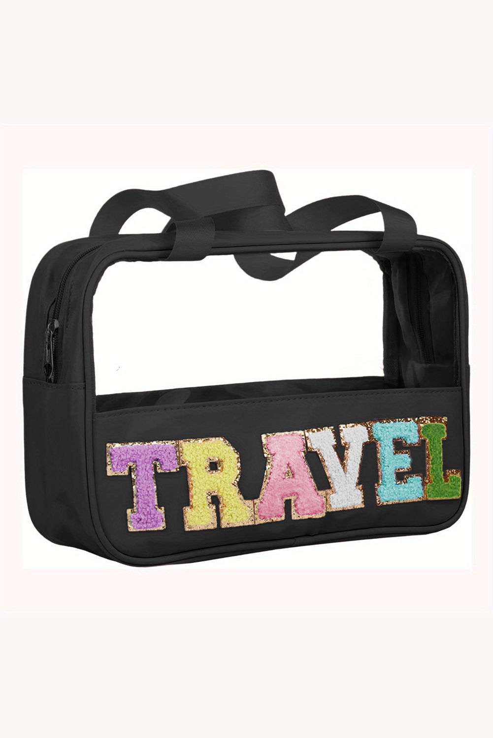 Light Pink TRAVEL Chenille Letter Clear PVC Makeup Bag