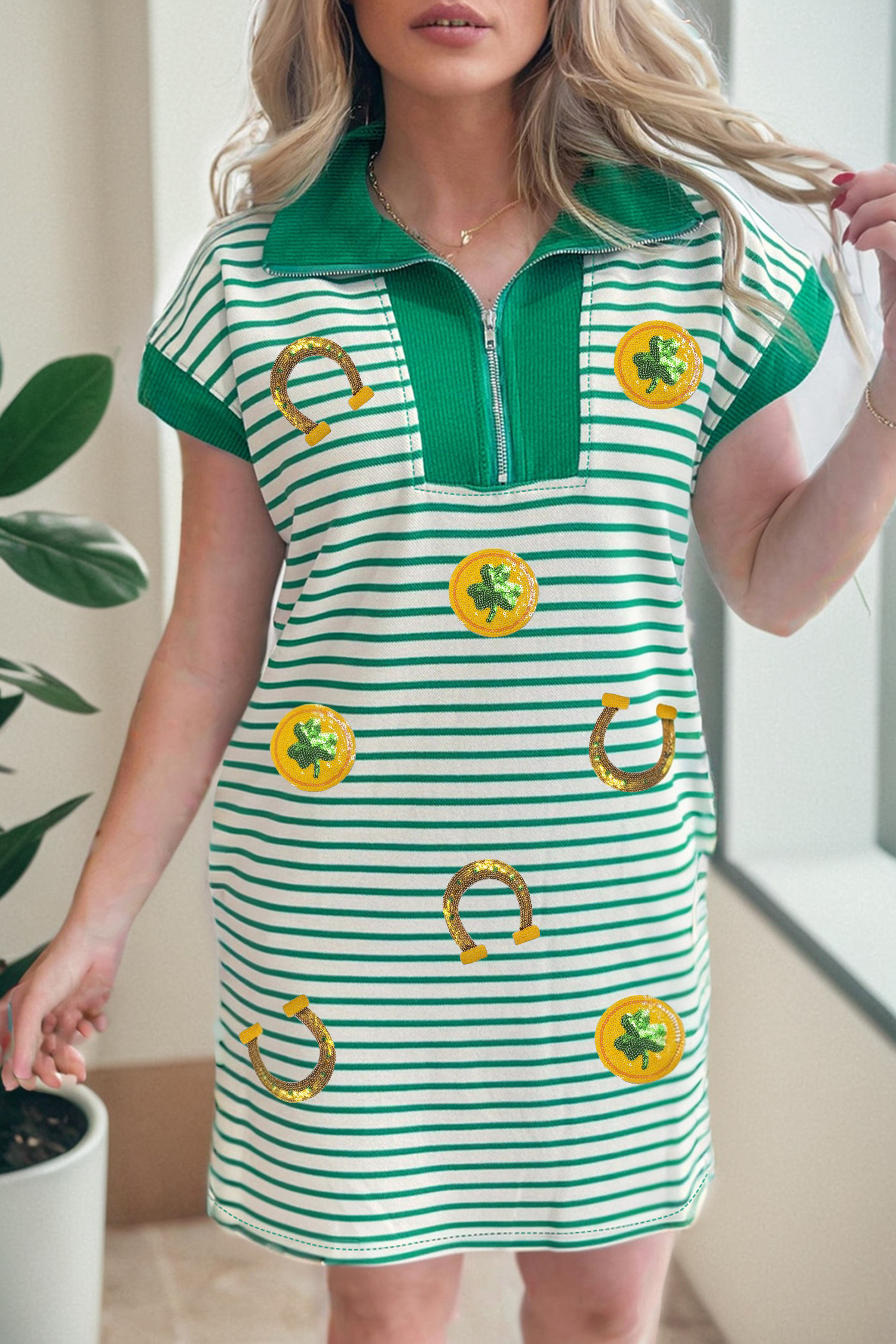 Green Stripe Magic St Patricks Day Sequin Graphic Zip Polo Tee Dress