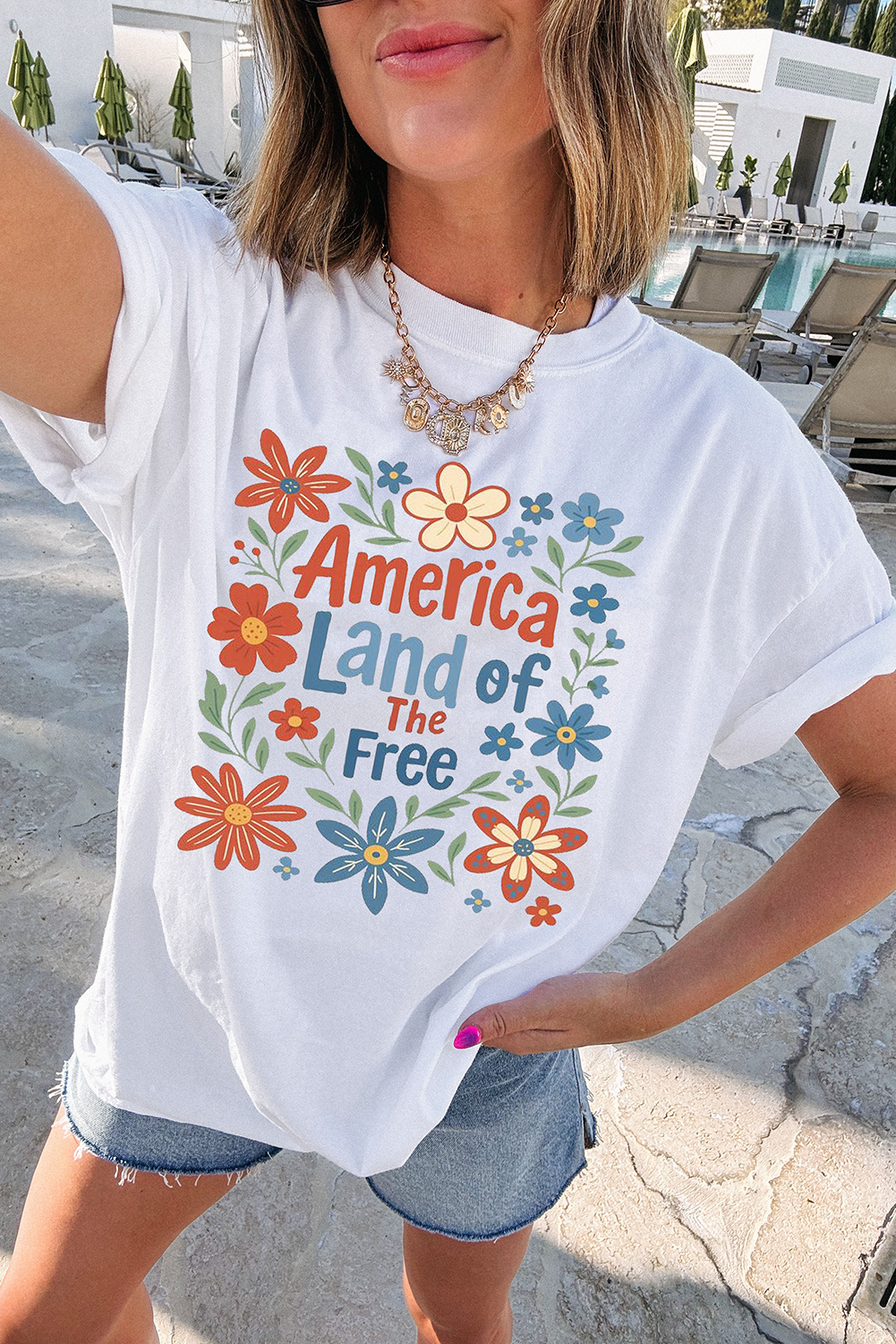 White America Land of The Free Flower Graphic Crewneck T Shirt
