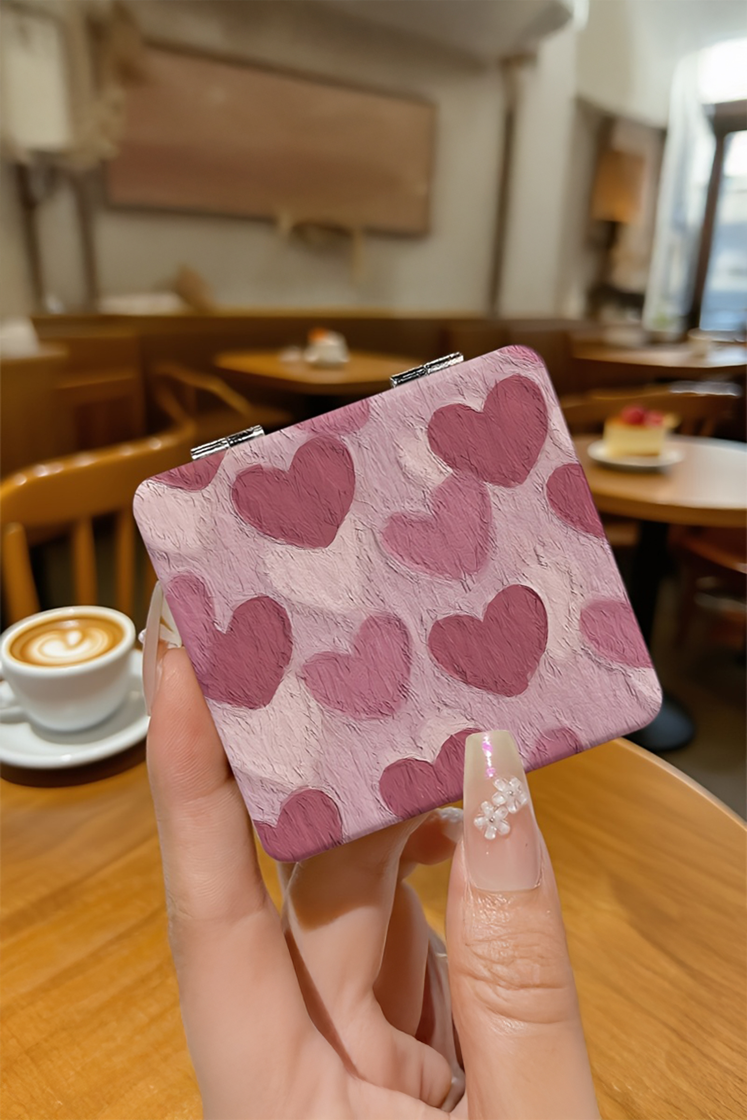 Light Pink Heart Printed Double-Sided Folding Portable Square Mini Mirror