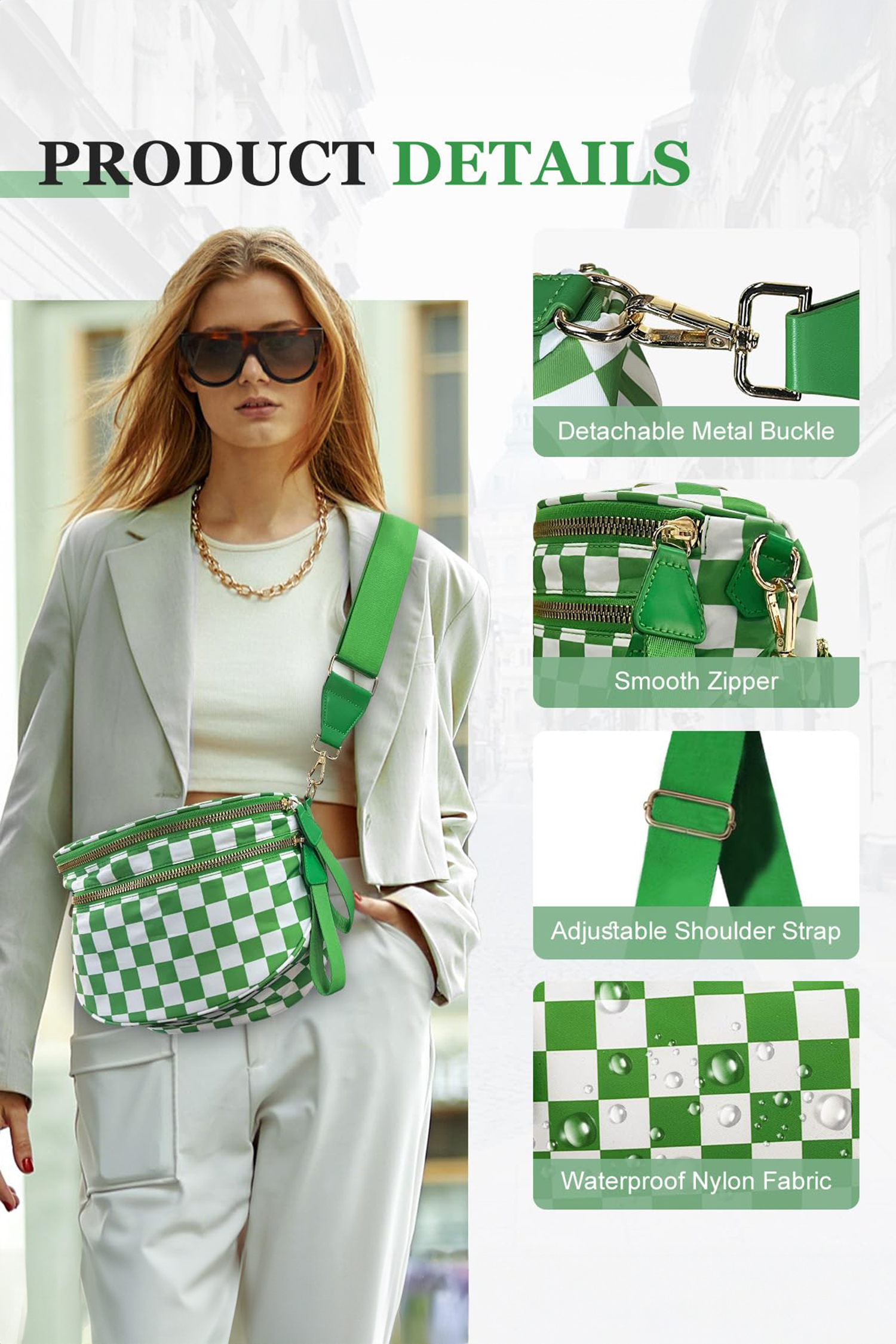Jungle Green Double Zip Crescent Shape Adjustable Sling Bag