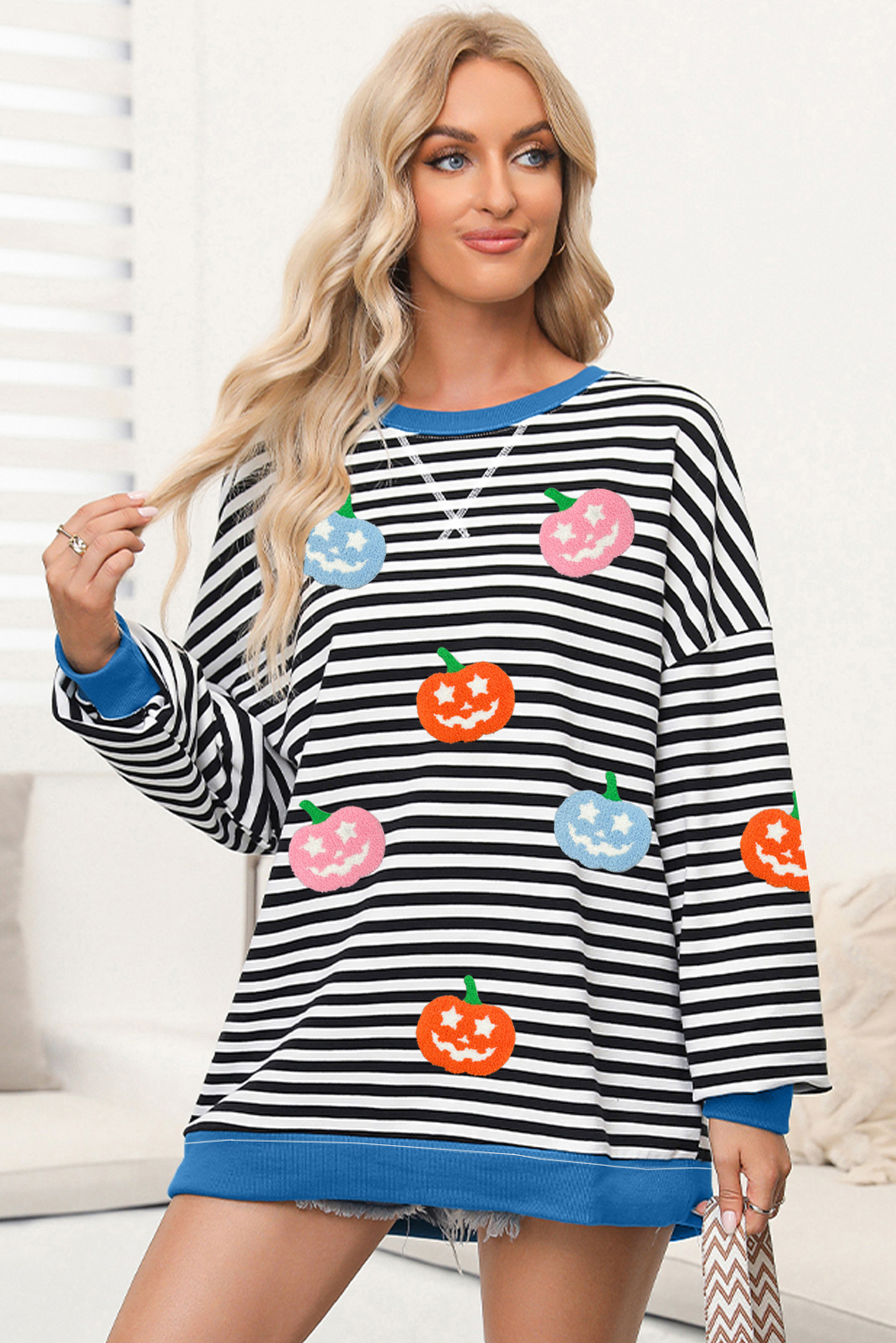 White Stripe Pumpkin Face Patched Pattern Crew Neck Sweatshirt