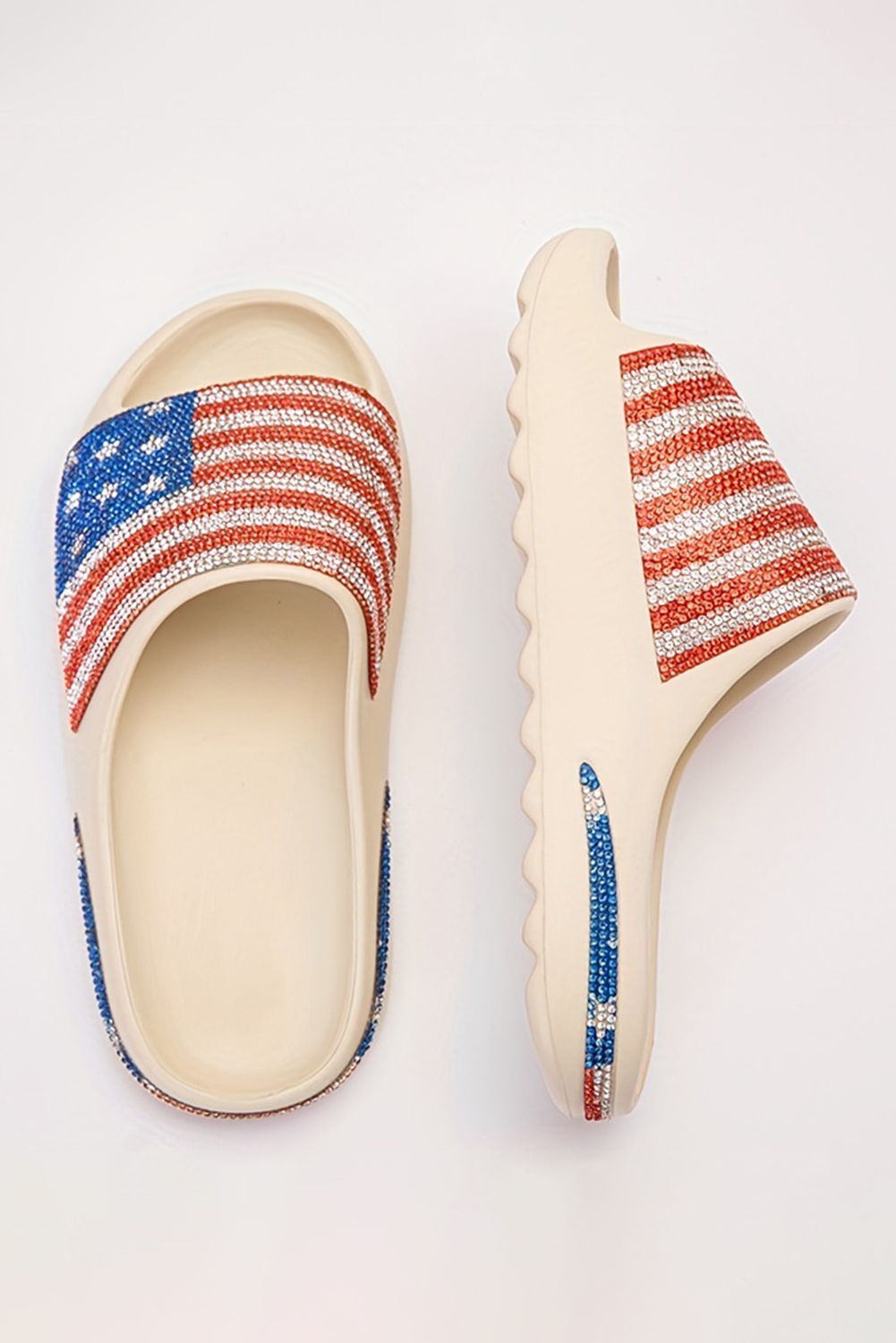 Black Rhinestone American Flag Thick Sole Slippers