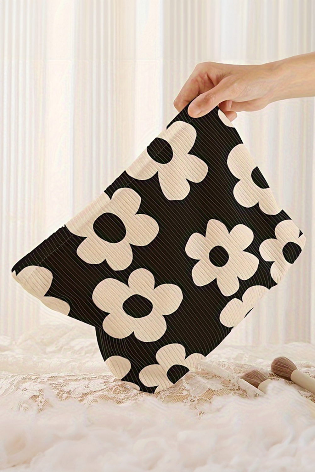 Red Flower Printed Rib Textured Cosmetic Bag