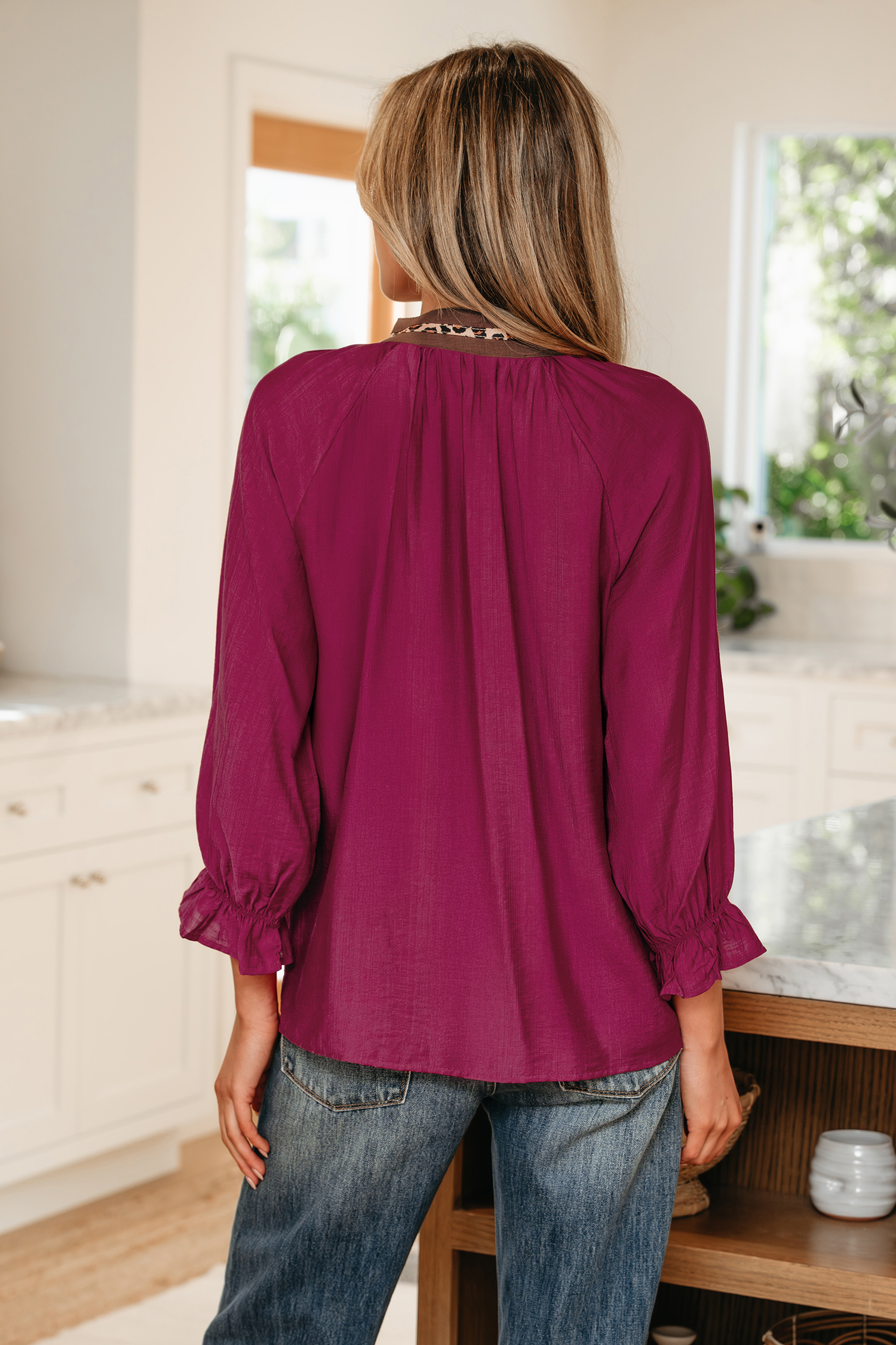 Dirty blue Leopard Trim V Neck Flounced Bracelet Sleeve Blouse