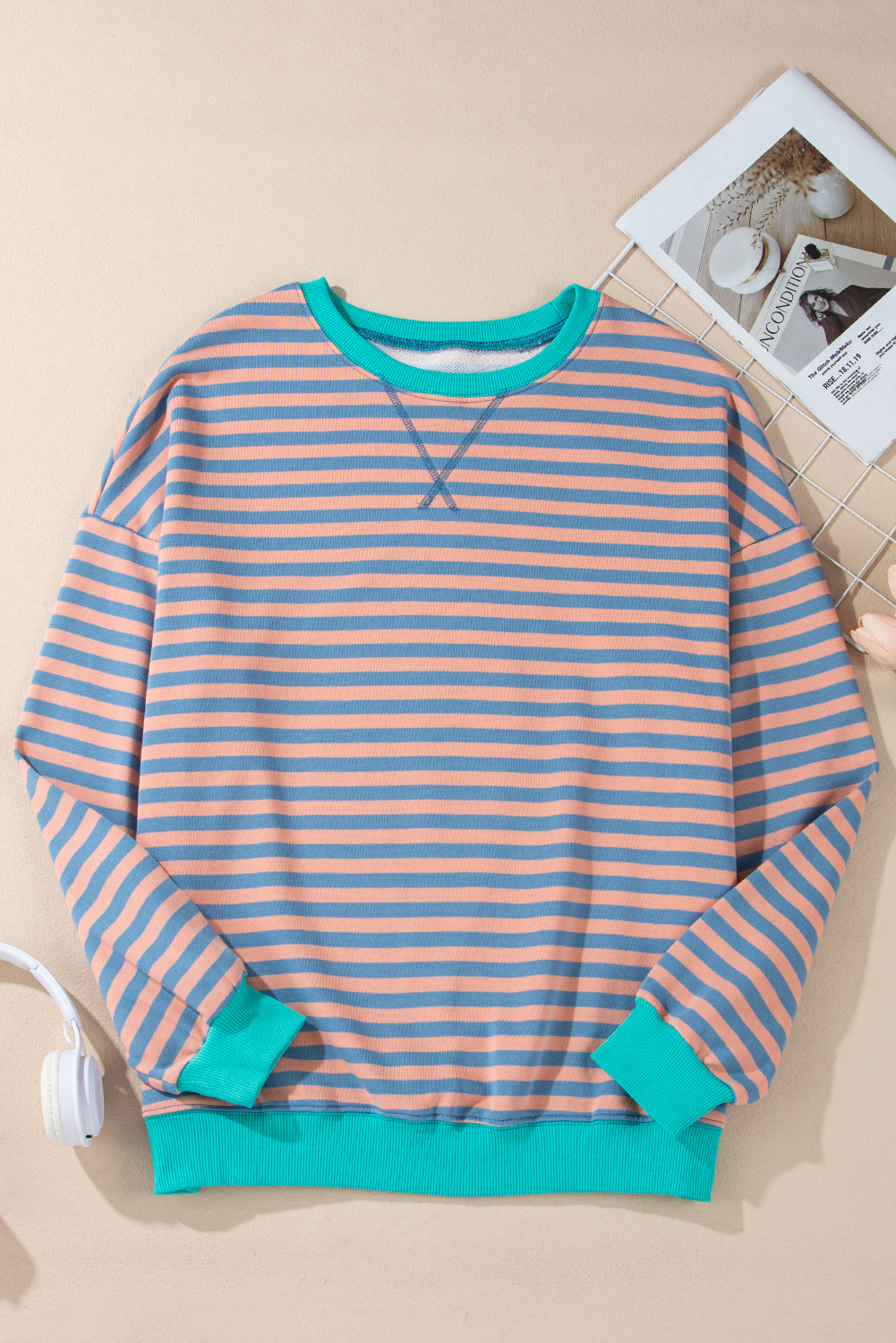 Red Stripe Contrast Ribbed Trim Crossed Stitch Drop Shoulder Sweatshirt