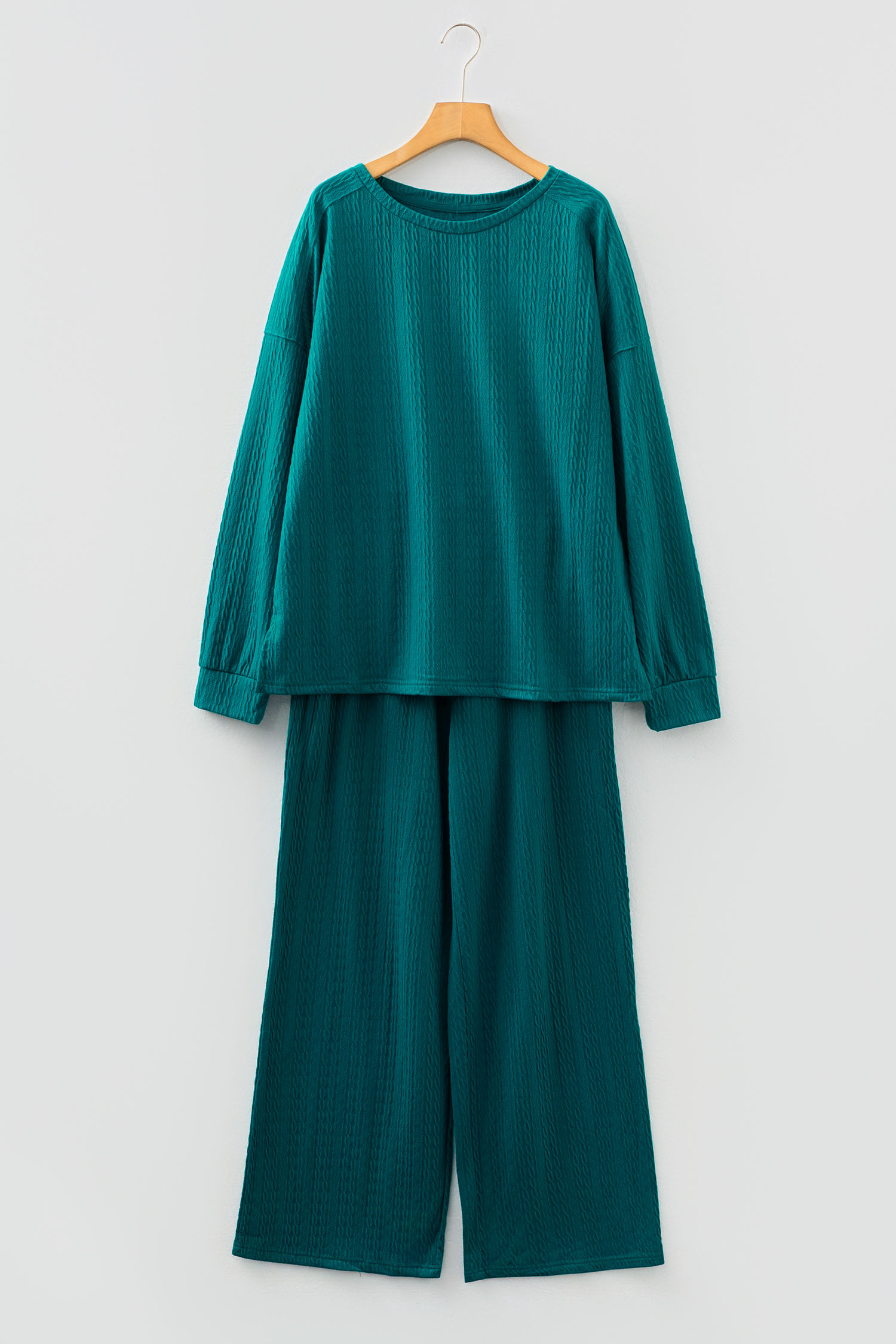 Smoke Green Textured Round Neck Sweatshirt & Loose Drawstring High Waist Pant Set