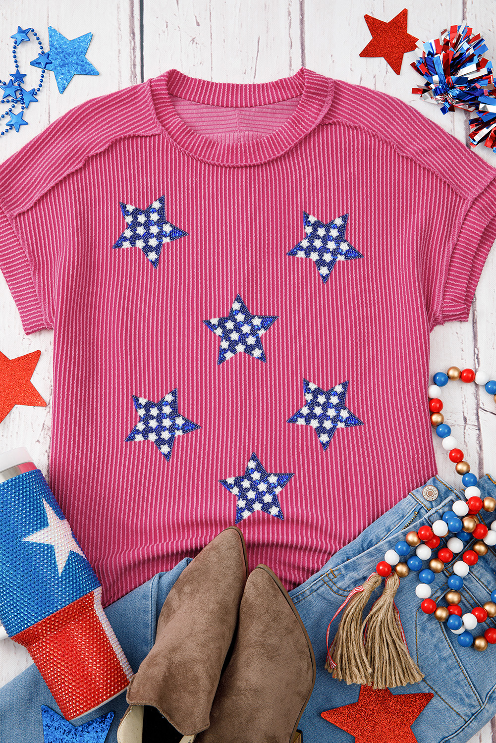Rose Red Sequin Star Graphic Corded Side Split Patriotic T Shirt