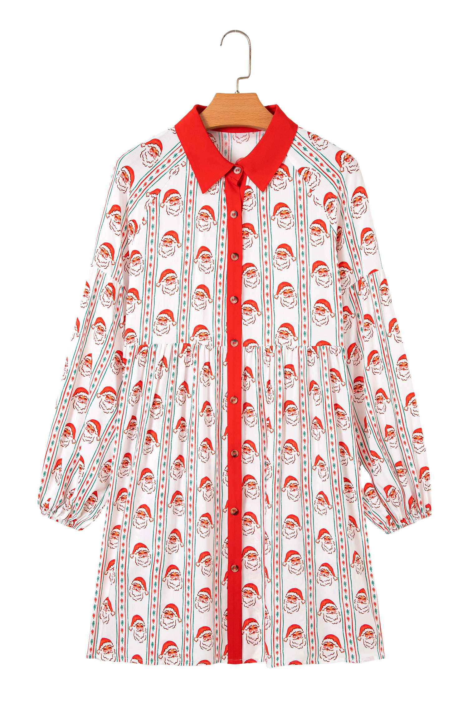 White Father Christmas Contrast Collar Button Front Long Sleeve A-line Mini Dress