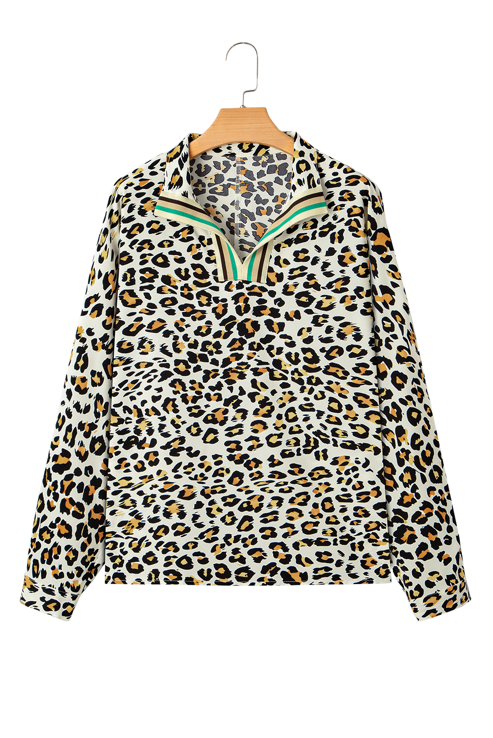 Khaki Leopard Print Contrast Striped V Neck Blouse