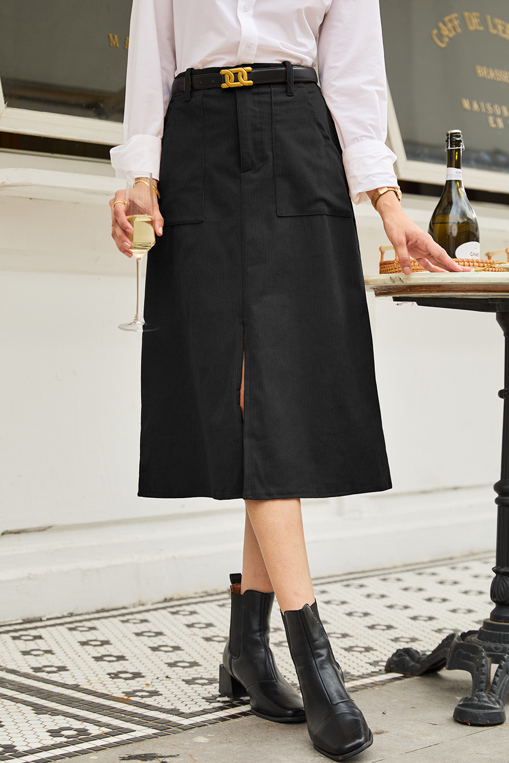 Coffee Front Slit Shift High Waist Midi Skirt