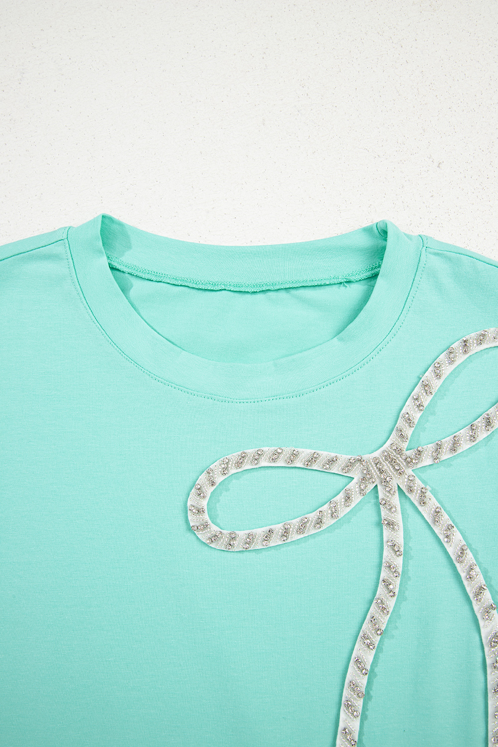 White Rhinestone Bow Embellished Round Neck Tee