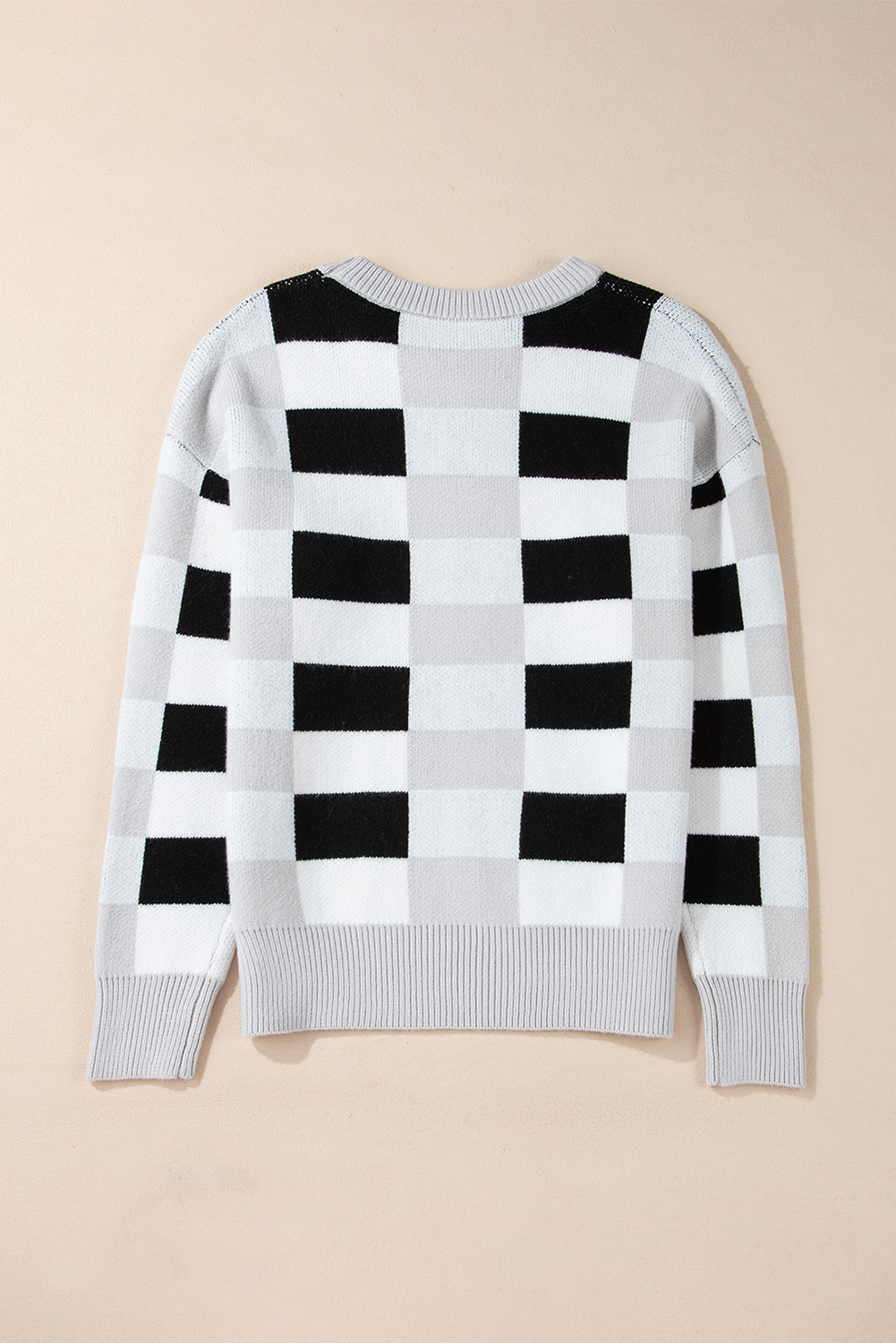 Khaki Checkered Ribbed Edge O Neck Drop Shoulder Sweater