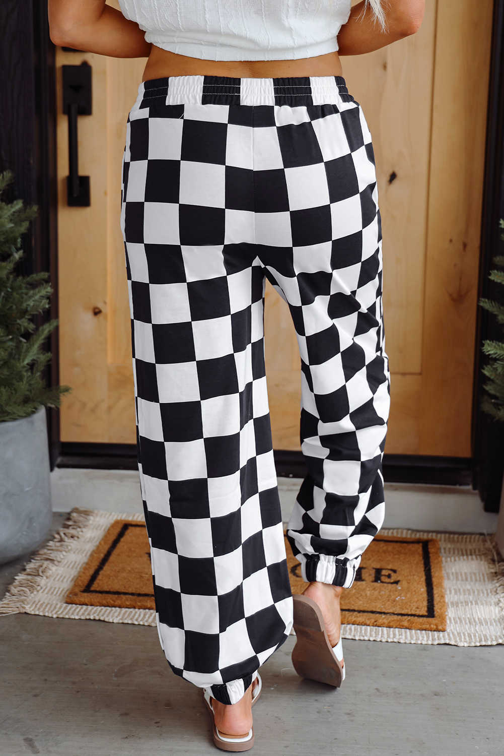 Black 2-Tone Checked Print High Waist Wide Leg Pants
