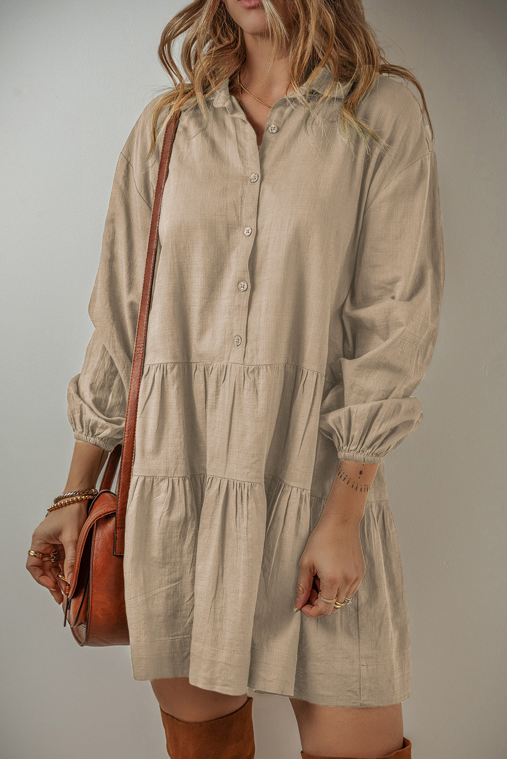 Jungle Green Puff Sleeve Buttoned Tiered Pleated Shirt Mini Dress