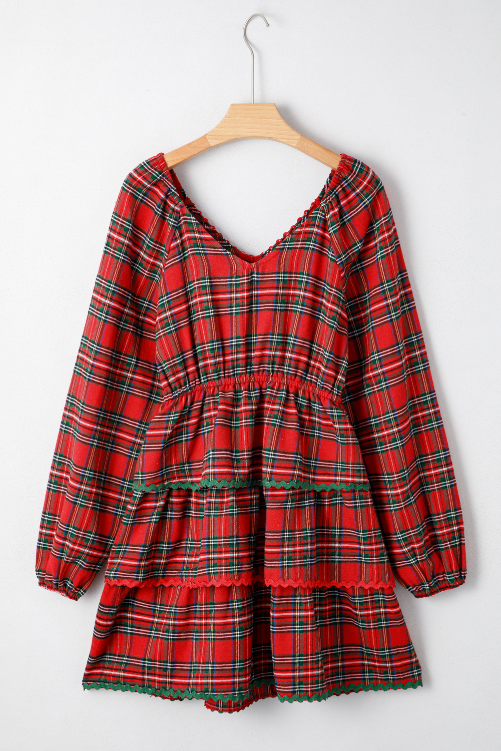 Red Plaid Print Ricrac Tiered Bubble Sleeve Mini Dress