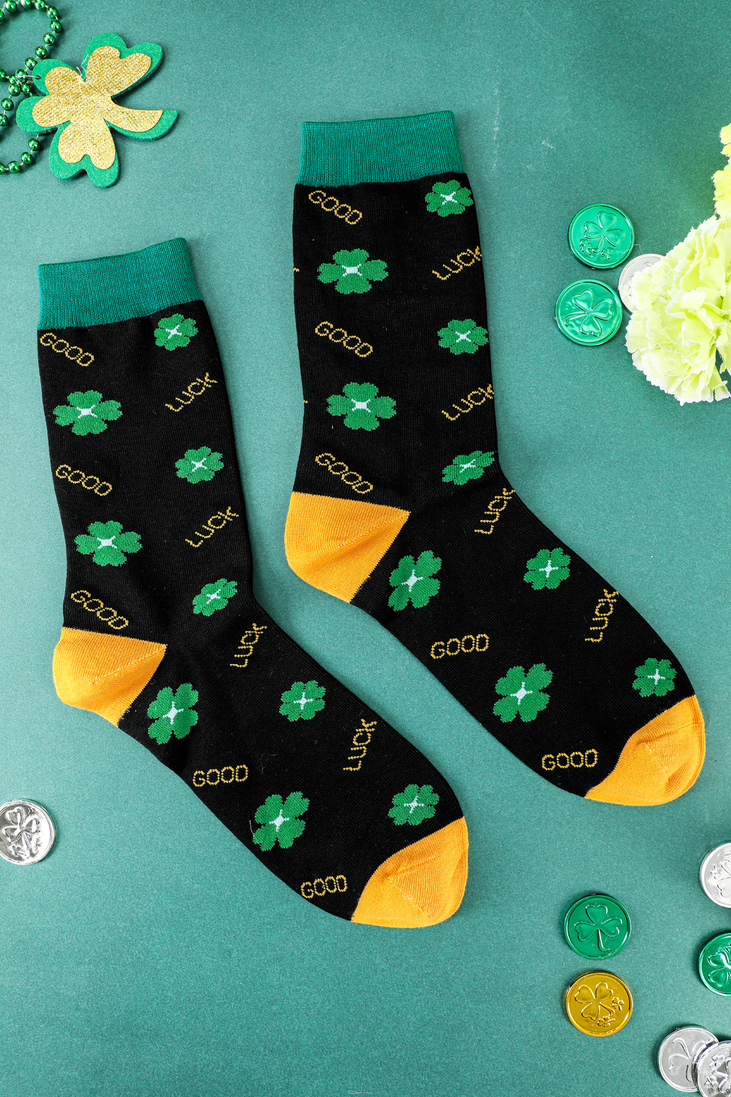 Dark Green GOOD LUCK St Patrick Clover Color Block Socks 