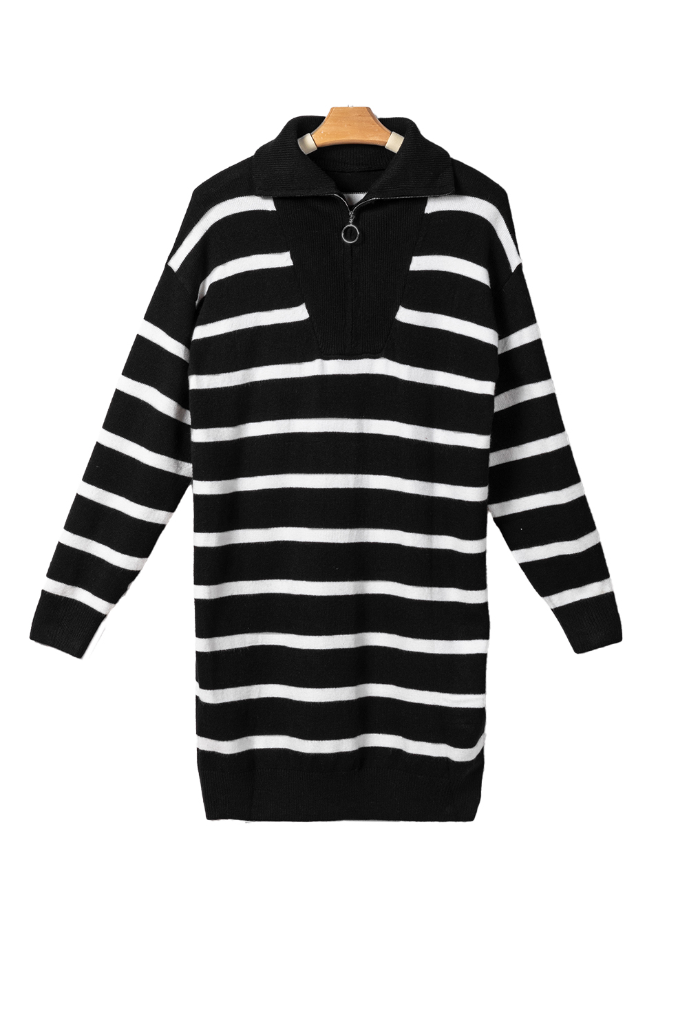 Black Striped O-ring Zip Collared Loose Sweater Mini Dress