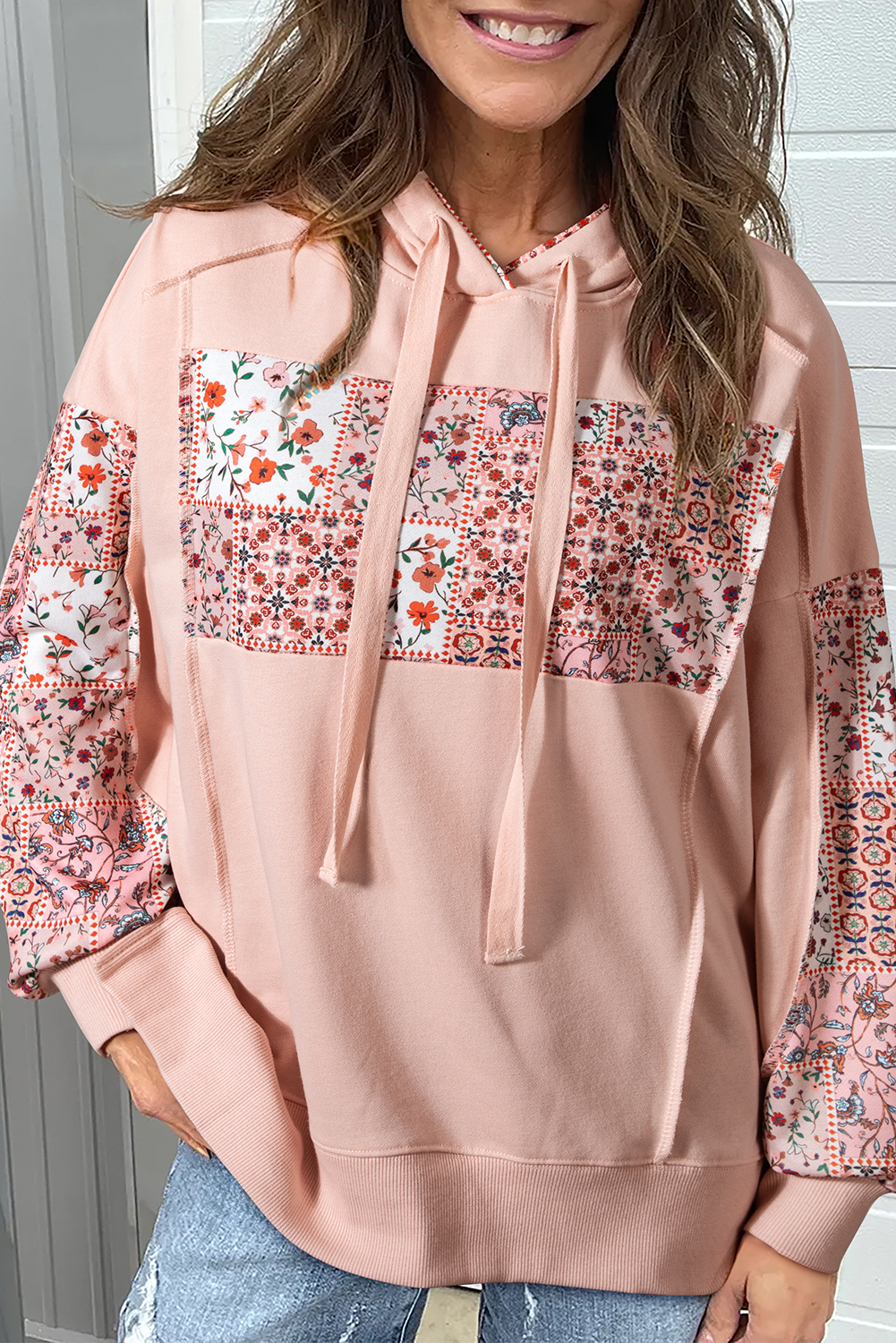 Delicacy Mix Floral Patchwork Side Slit Drawstring Hoodie