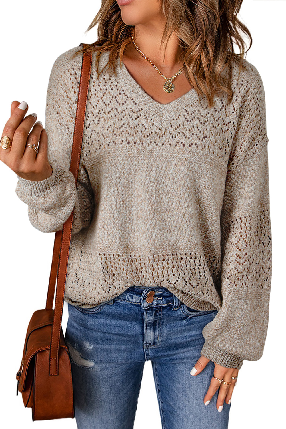 Sky Blue Eyelet Pattern Detail V Neck Drop Shoulder Sweater