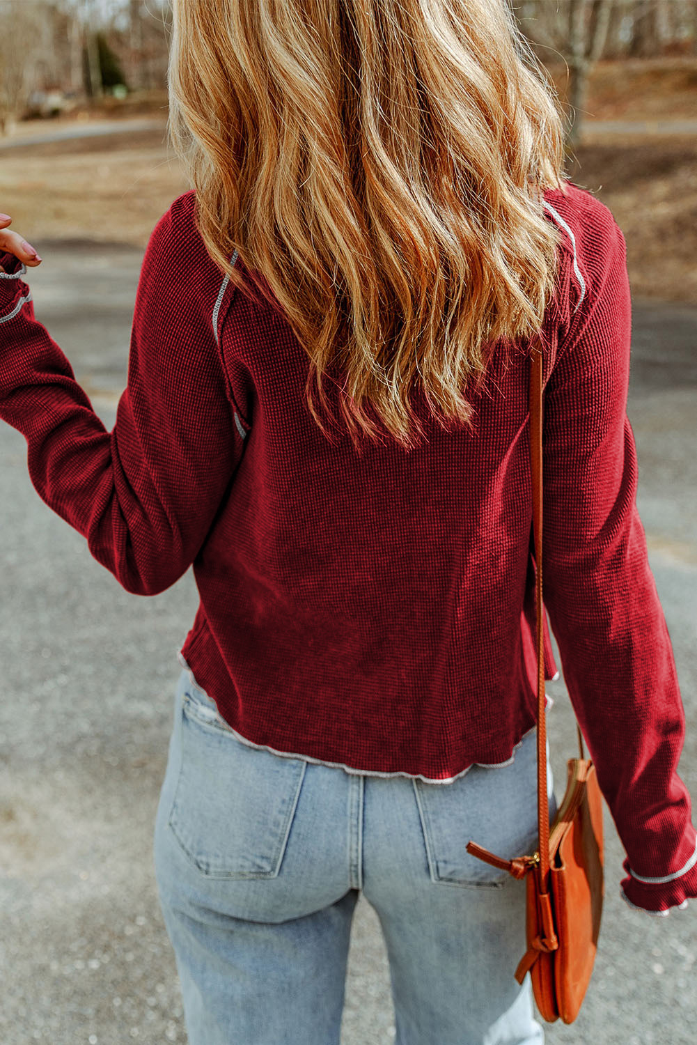 Smoke Gray Textured Round Neck Long Sleeve Top