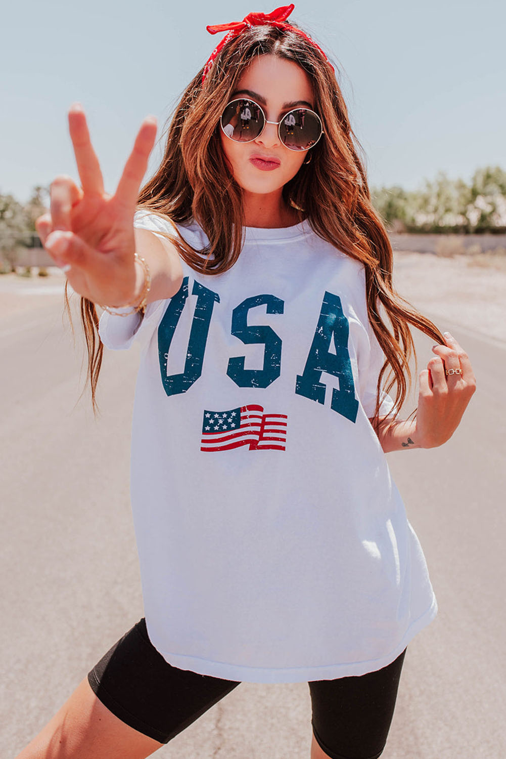 Gray Blooming USA Flag Print Casual T Shirt