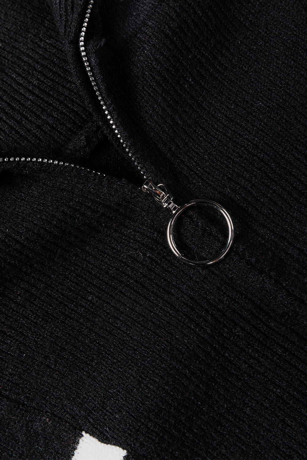 Black Striped O-ring Zip Collared Loose Sweater Mini Dress