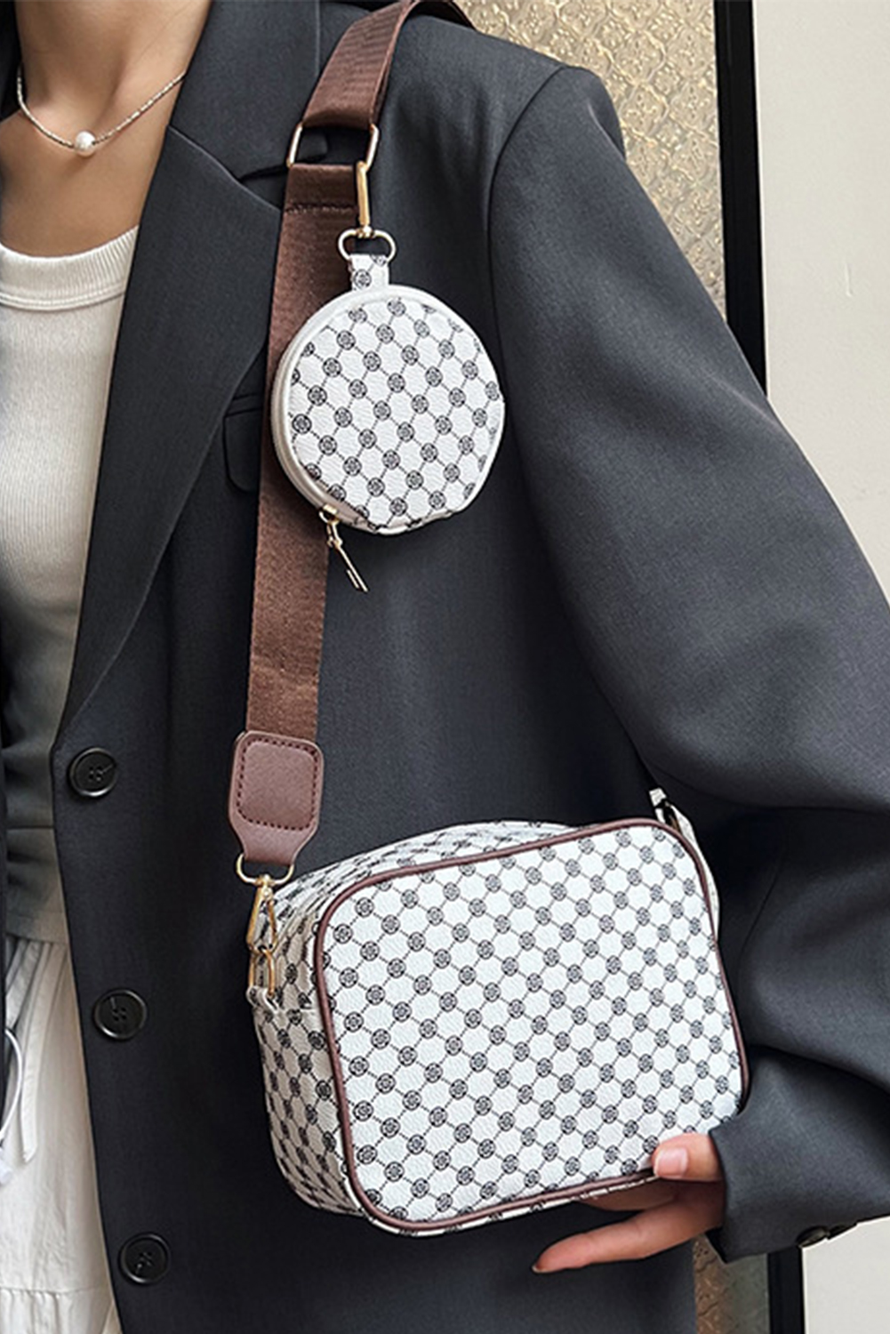 Coffee Checkered Print PU Leather Shoulder Bag with Coin Wallet
