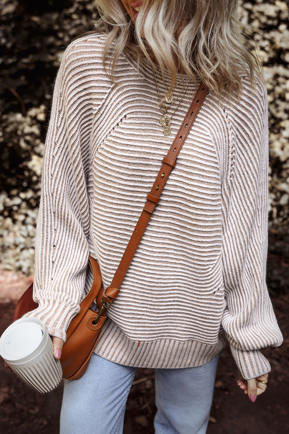 Coffee Striped Print Ribbed Knit Boat Neck Baggy Sweater