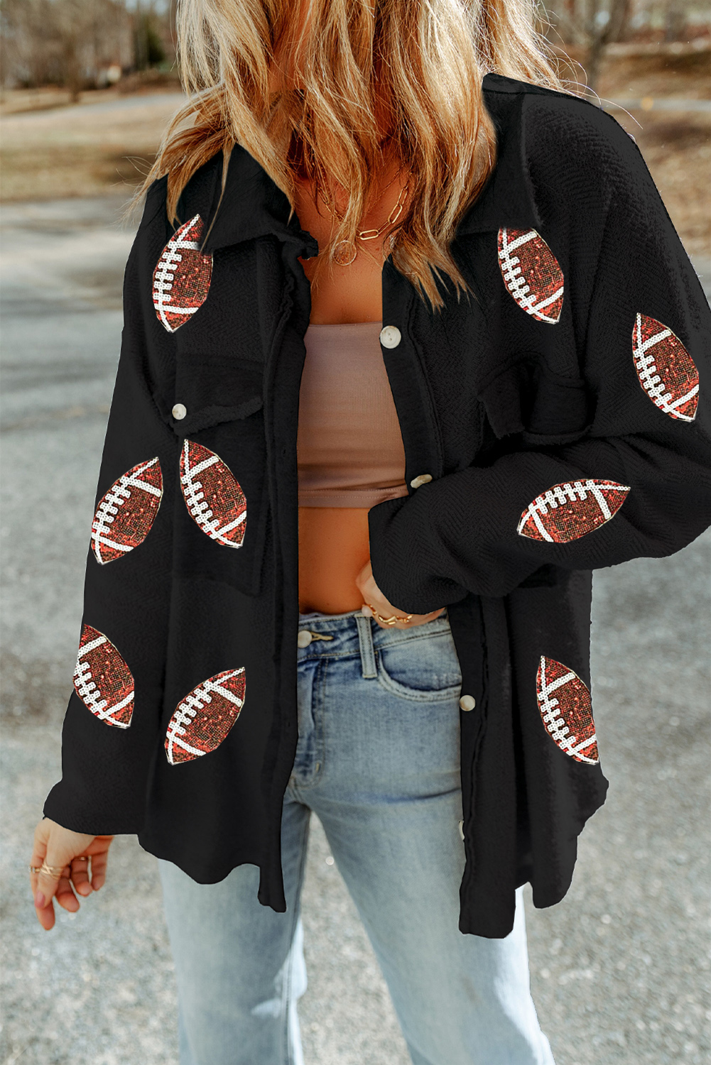 Black Contrast Flap Pockets Relaxed Shacket