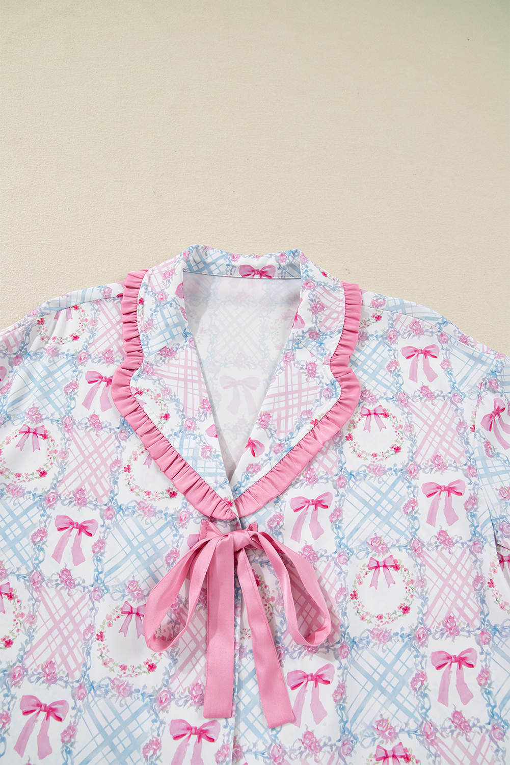 Pink Bow Wreath Pattern Christmas Holiday Tied Front Long Sleeve 2pcs Pajama Set