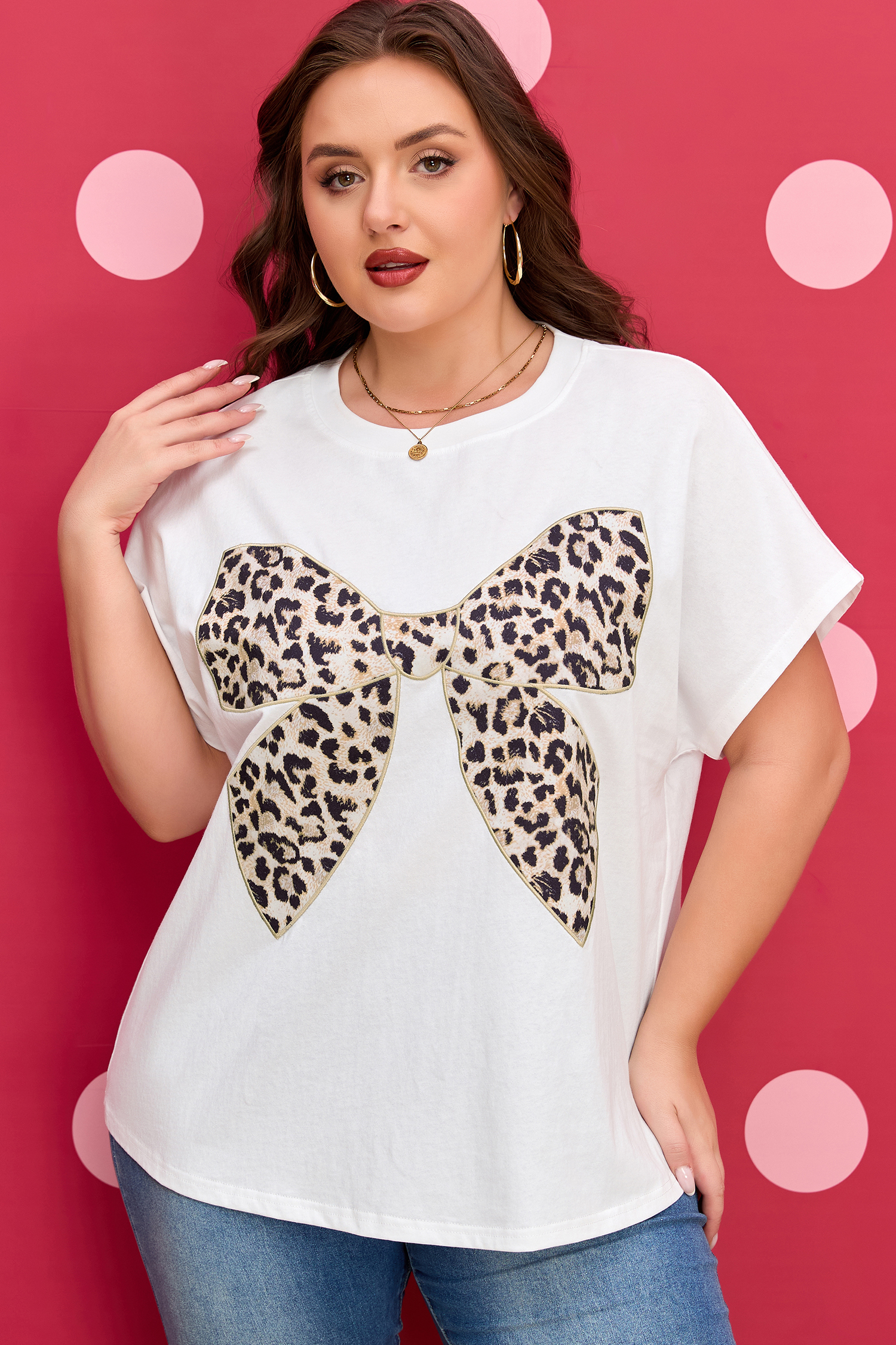 Pink Leopard Bow Embroidered Cotton Round Neck T Shirt