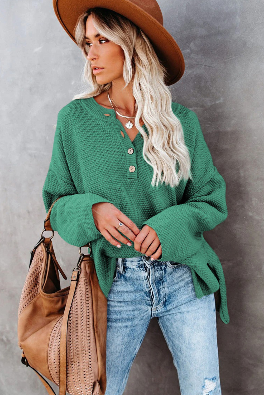 Green Henley Pullover Drop Shoulder Sweater with Slits