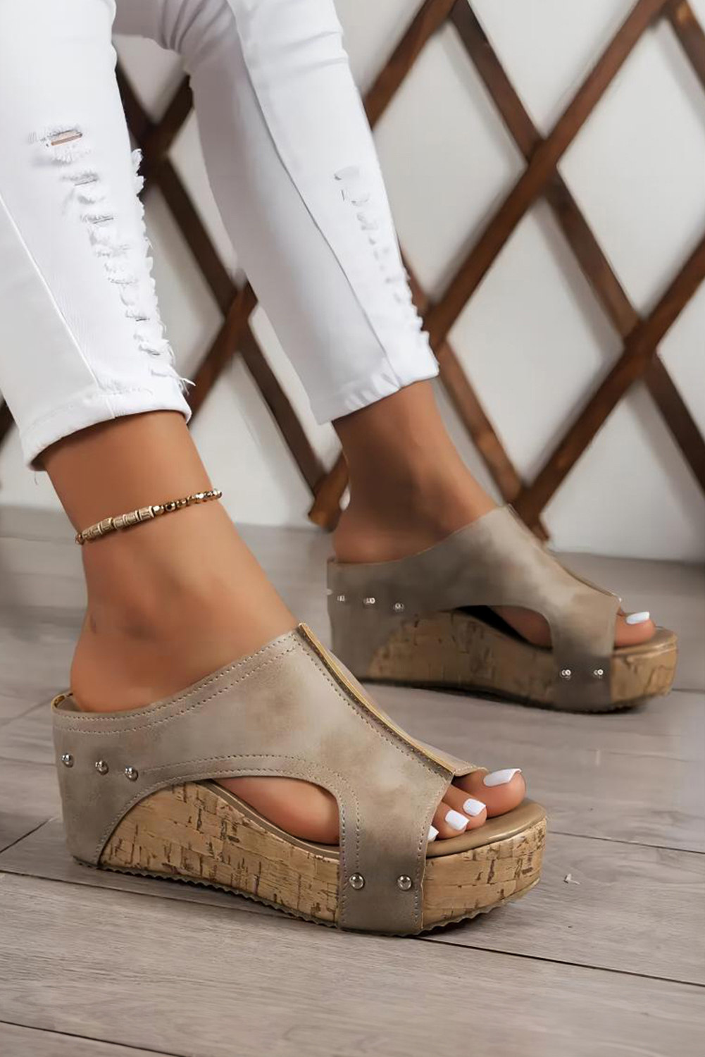 Chestnut Hollow Out Studded PU Leather Wedge Slippers