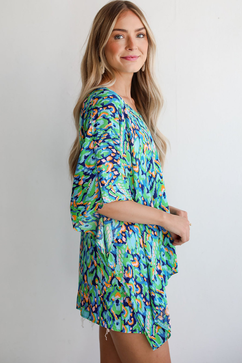 Pink Abstract Print V Neck Half Sleeve Loose Fit Tunic Blouse