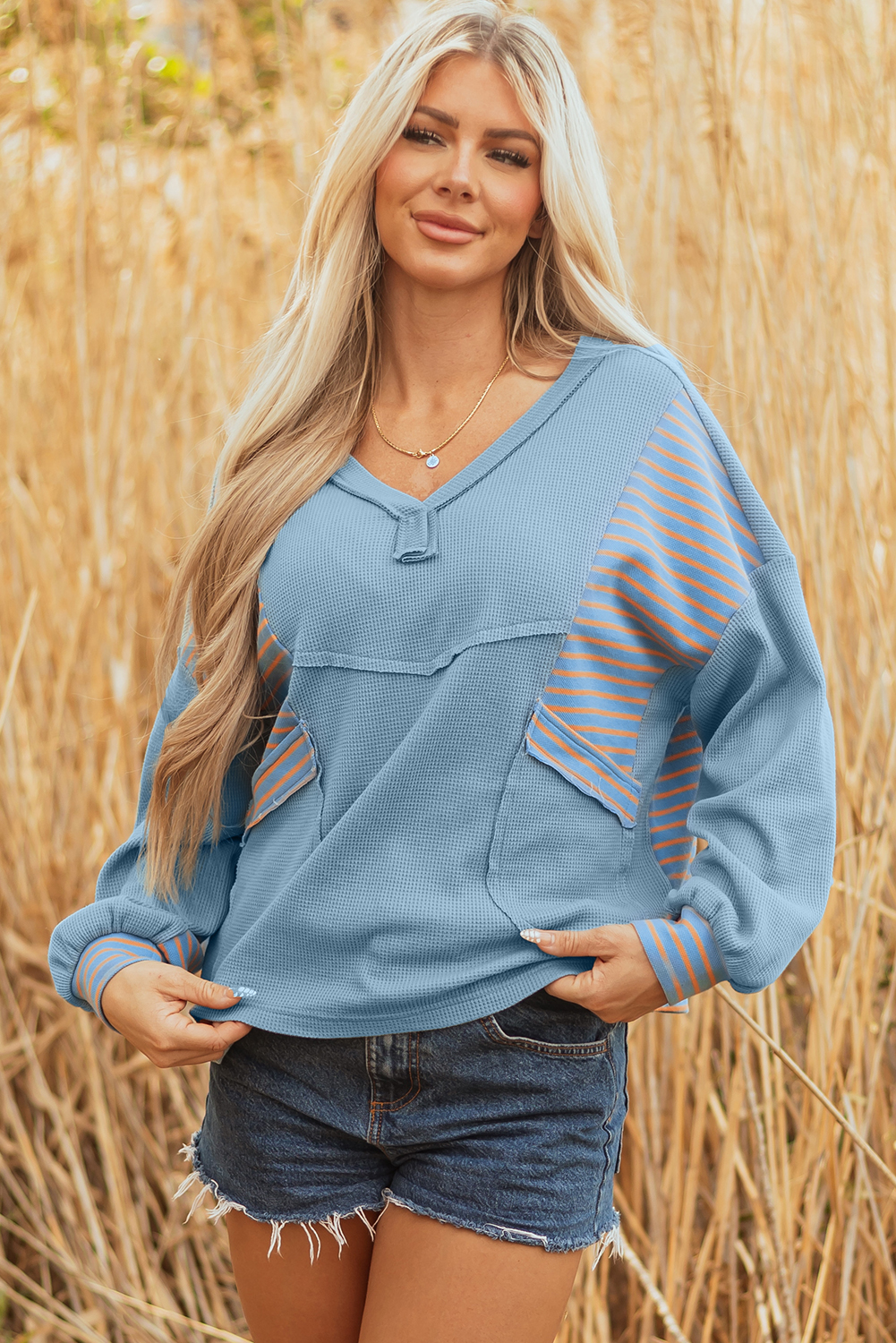 Dusk Blue Exposed Seam Waffle Striped Patchwork Baggy Pullover