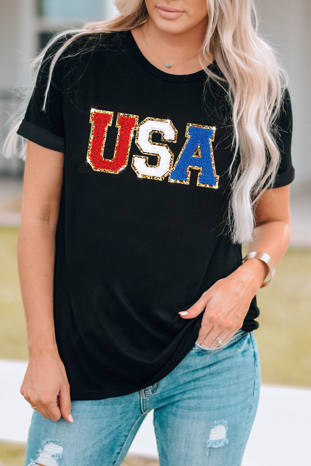 Gray Blooming USA Flag Print Casual T Shirt