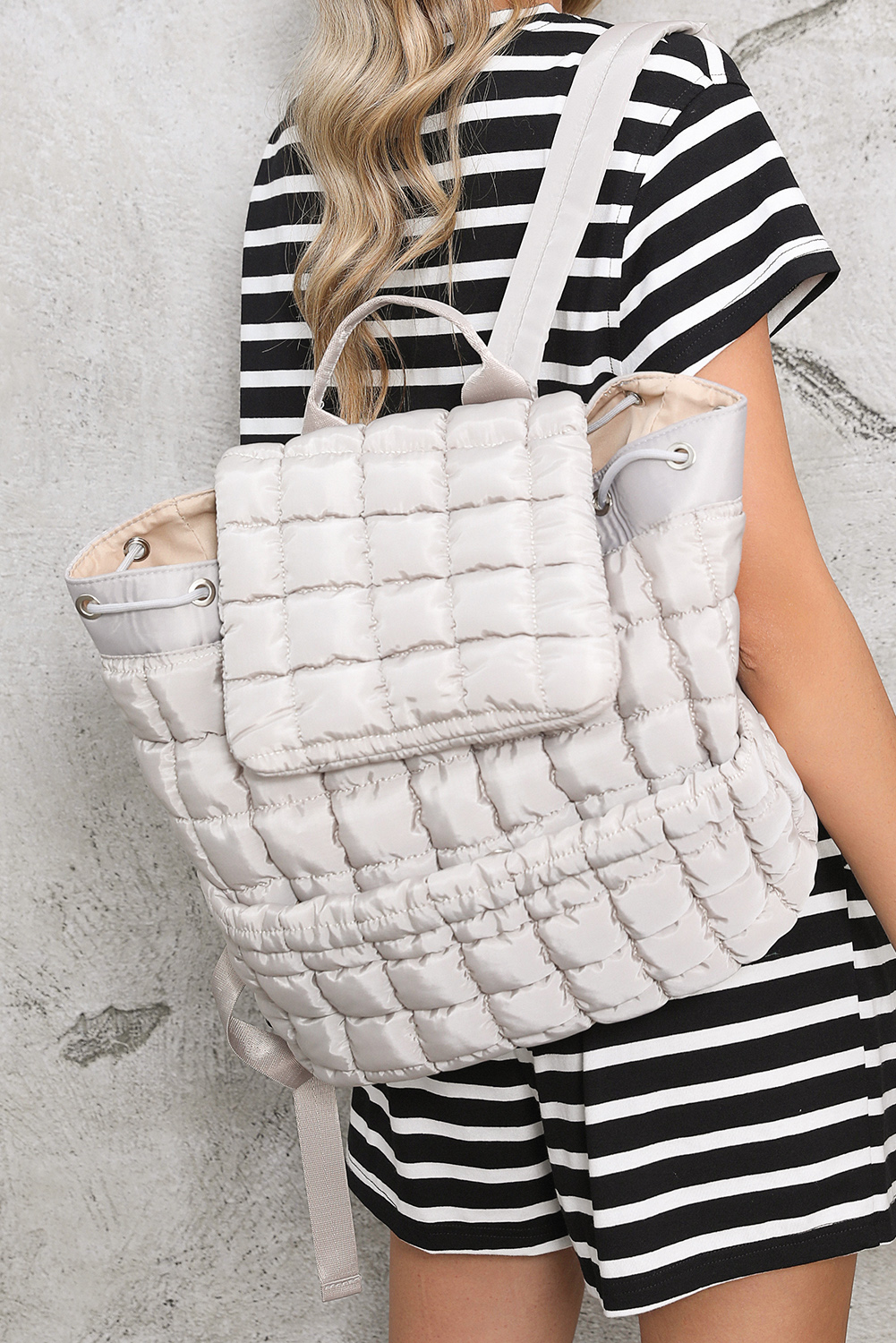 Black Solid Flapped Quilted Puffer Backpack