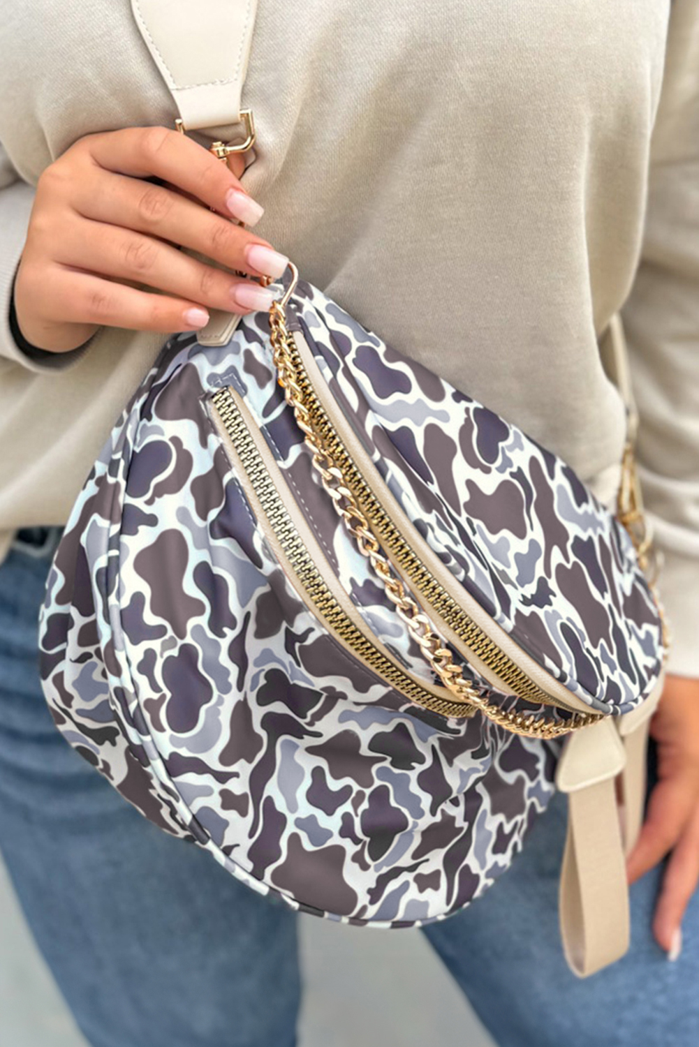 Camel Polka Dot Print Gold Chain Strap Double Zipper Crossbody Bag