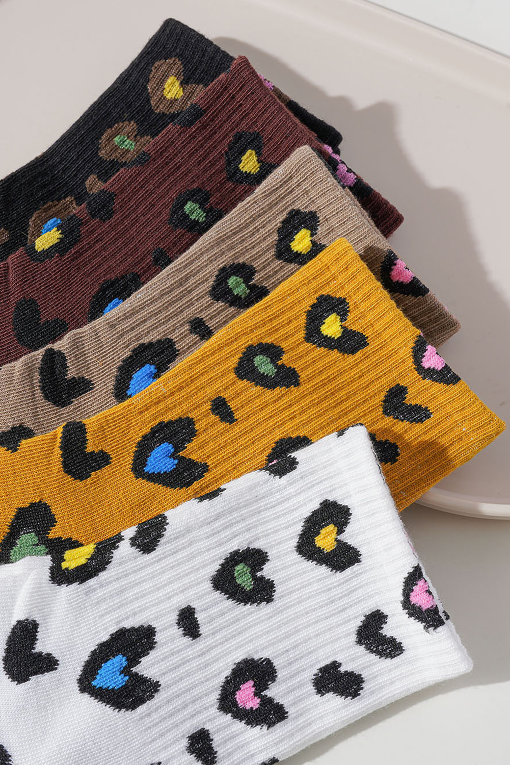 Bristol Black 5 Pairs Ribbed Trim Leopard Print Socks