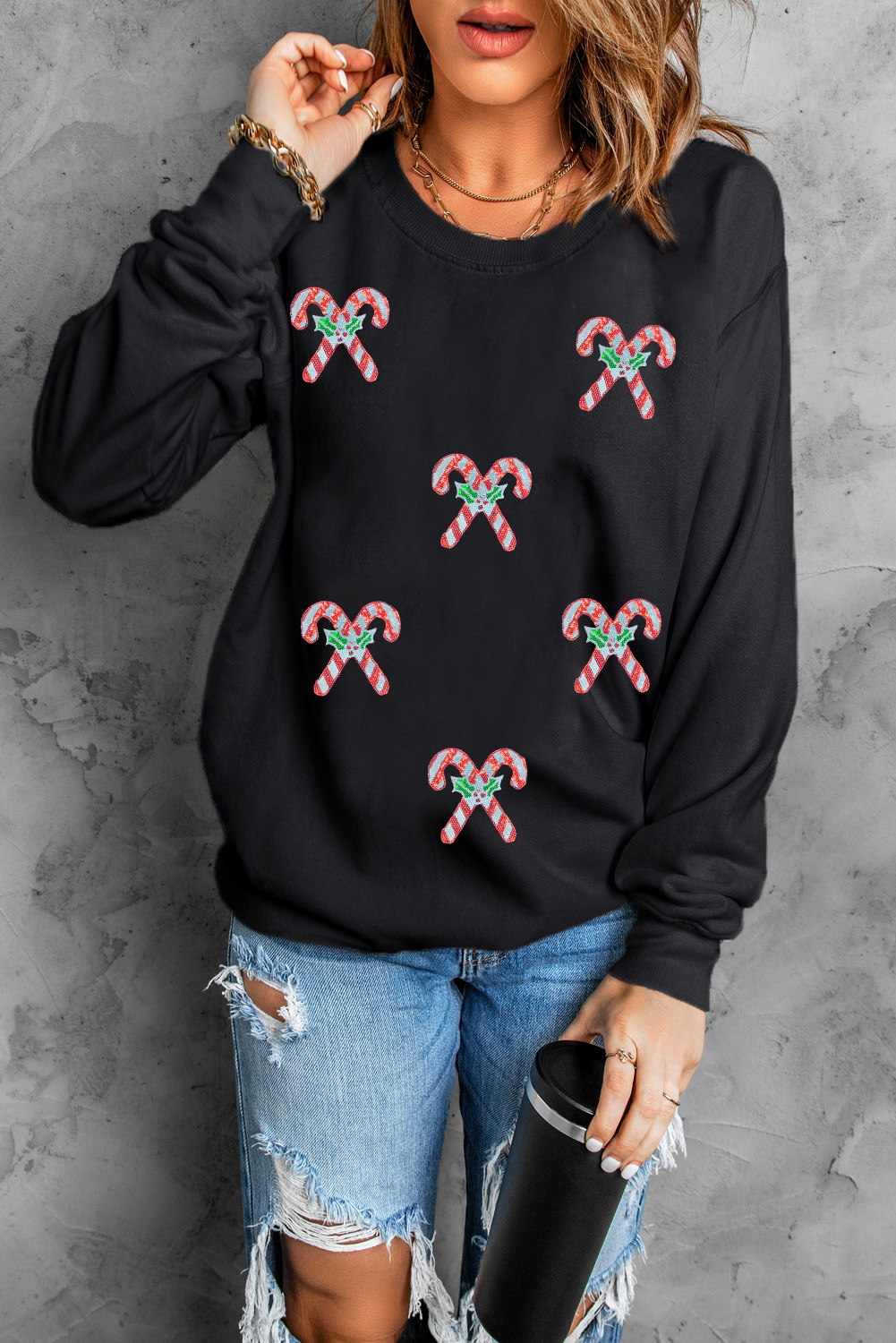 Black Candy Cane Patched Christmas Holiday Sweatshirt