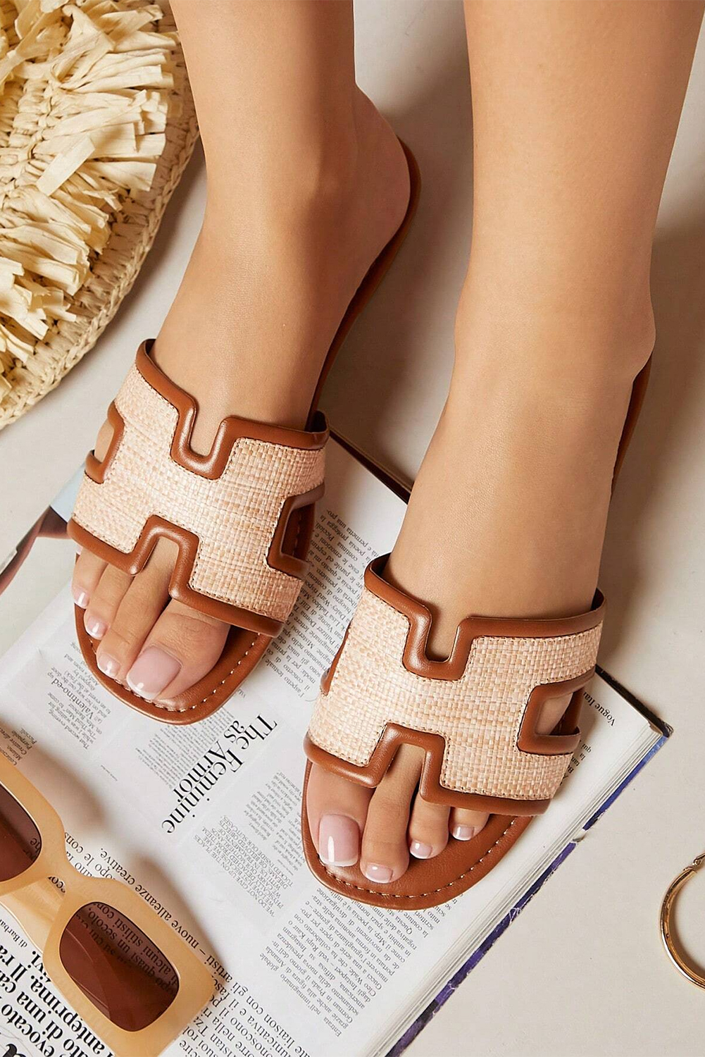 White Faux Raffia Detail Hollowed Open Toe Slippers